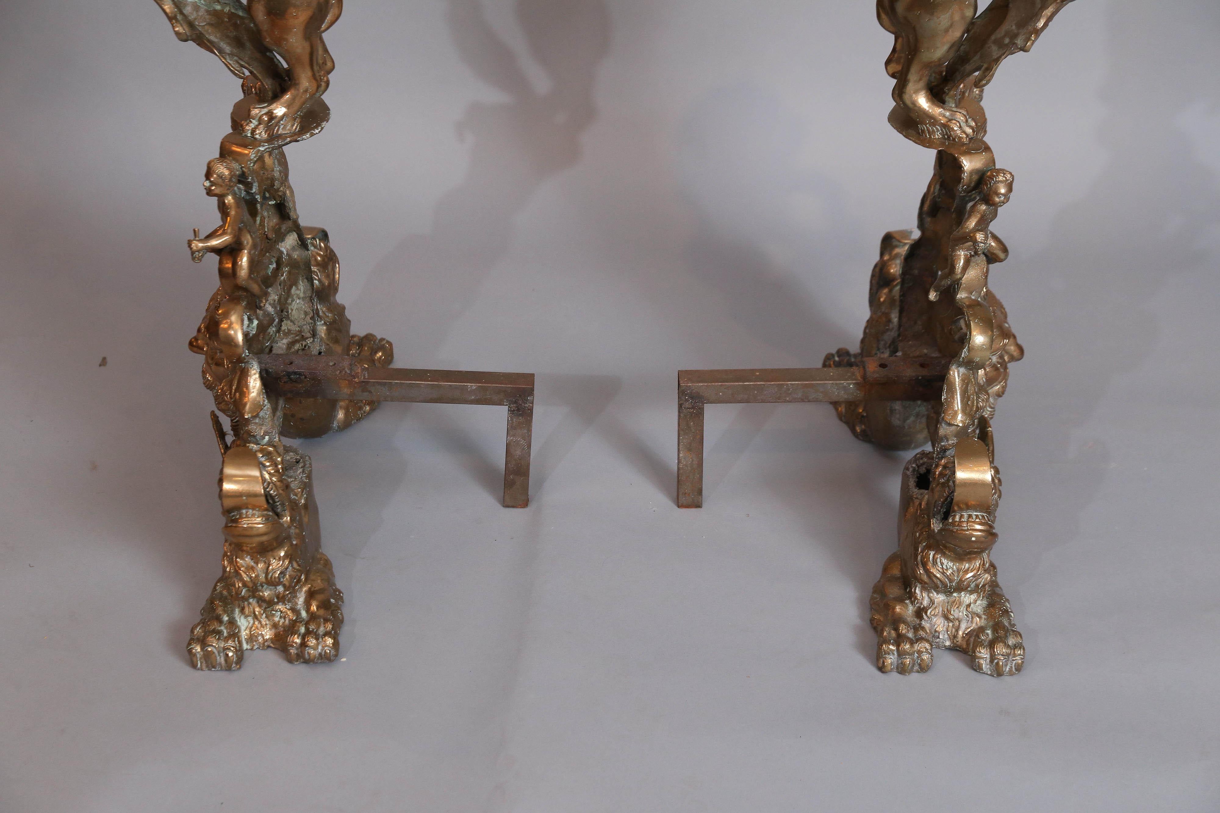 Large Pair of Bronze Rococo Andirons with Standing Lions For Sale 1