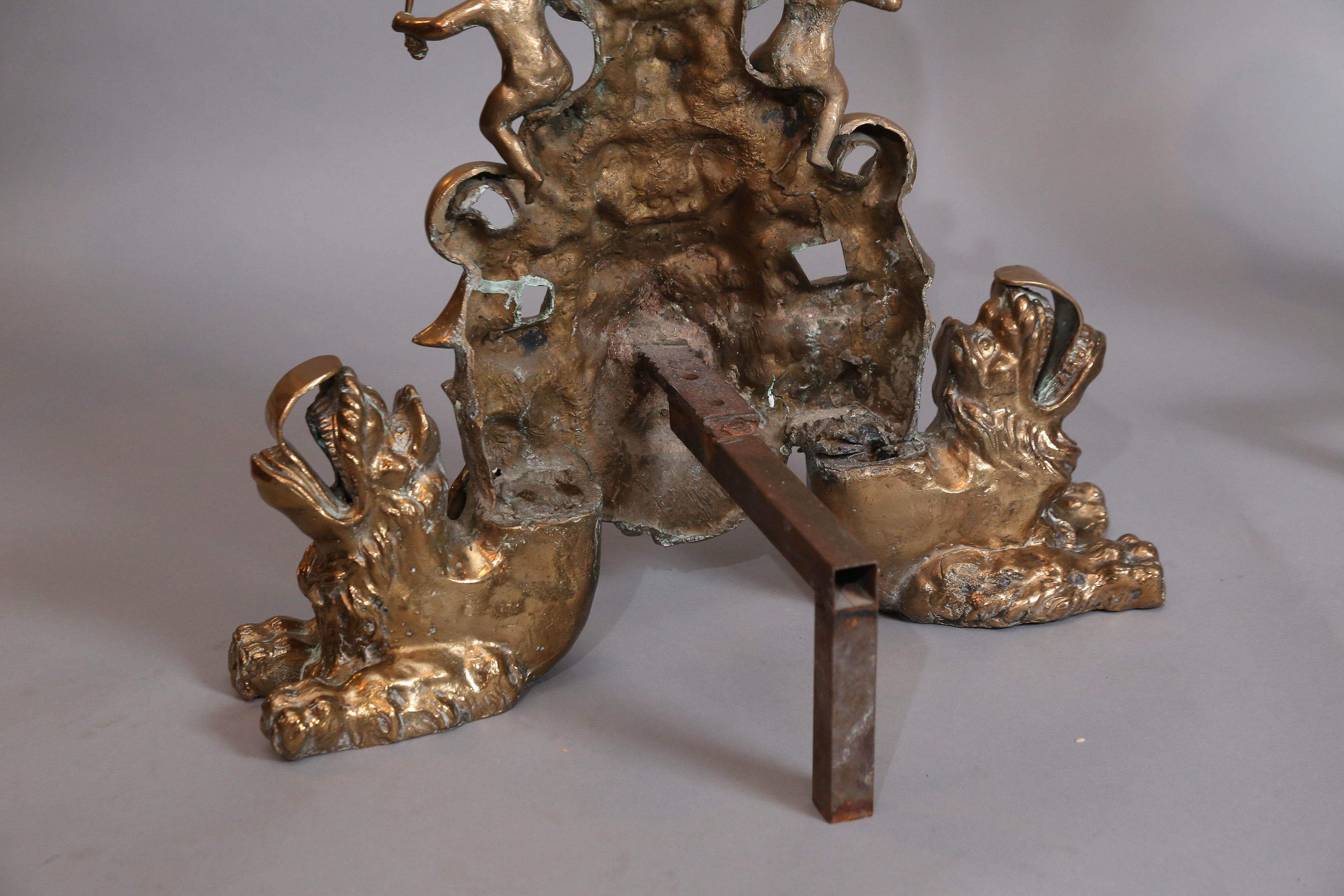 Large Pair of Bronze Rococo Andirons with Standing Lions For Sale 2