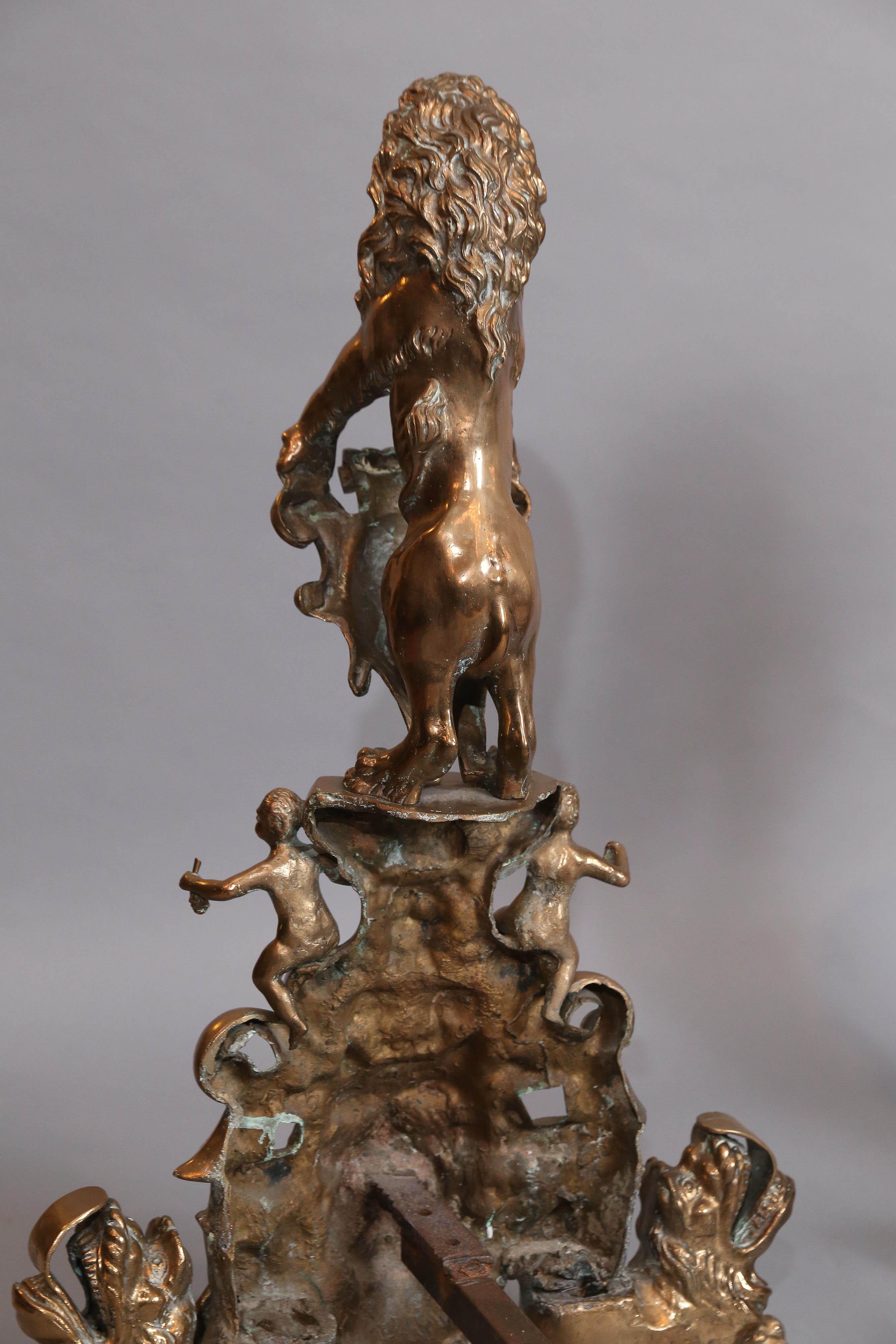 Large Pair of Bronze Rococo Andirons with Standing Lions For Sale 3