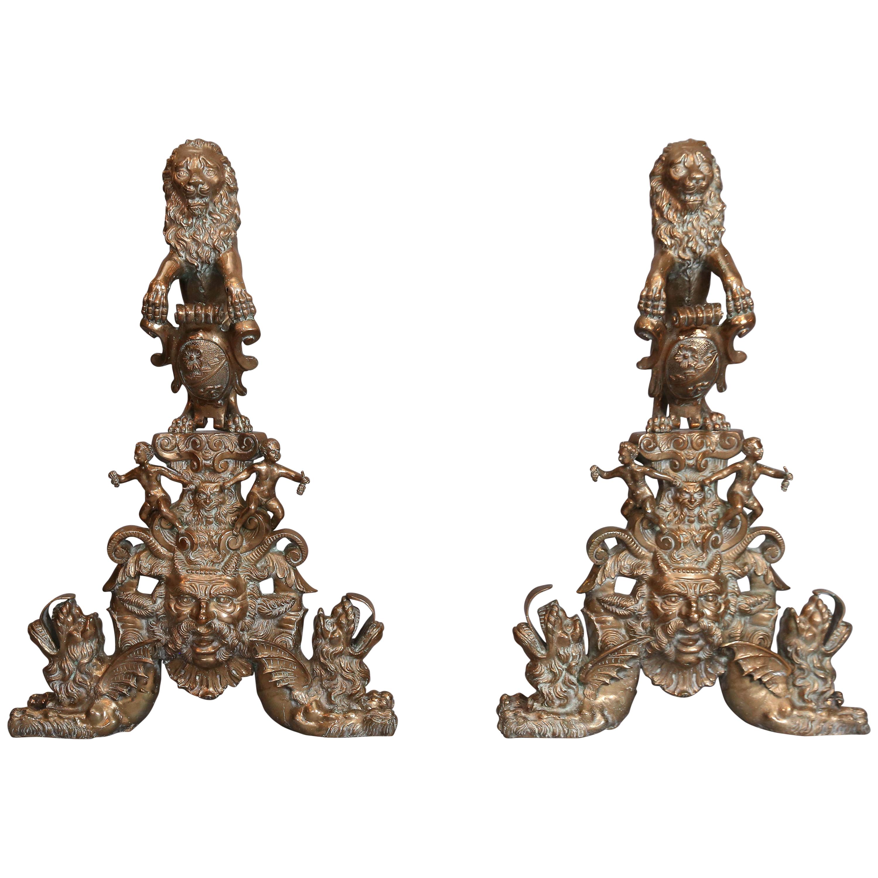 Large Pair of Bronze Rococo Andirons with Standing Lions For Sale