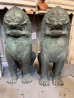 Large Pair of Bronze Singha Temple Lions, Foo Dogs.