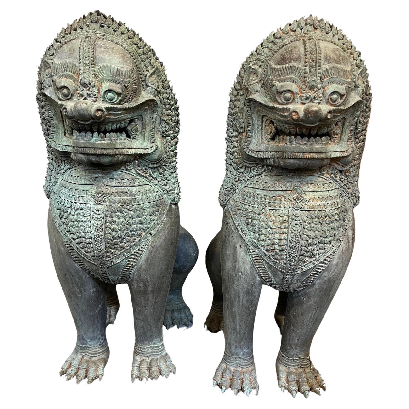 Large Pair of Bronze Singha Temple Lions, Foo Dogs.   For Sale