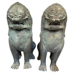 Vintage Large Pair of Bronze Singha Temple Lions, Foo Dogs.  
