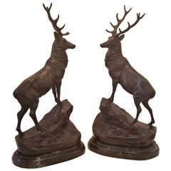 Large Pair of Bronze Stags after Jules Moigneiz