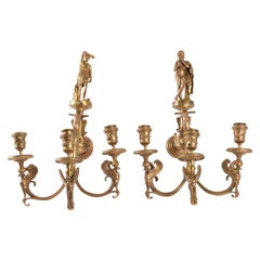 Large pair of Bronze Wall Lamps, Antique Decoration, Attributed to Barbedienne