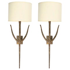Large Pair of Bronze Wall Lights by Franco Lapini for Porta Romana 1980