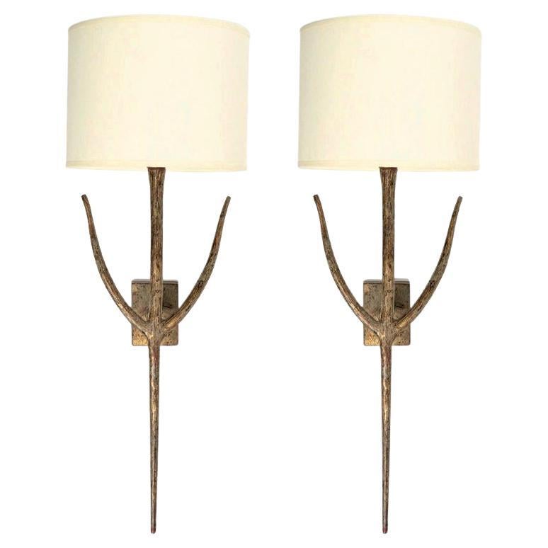 Large Pair of Bronze Wall Lights by Franco Lapini for Porta Romana, 1980