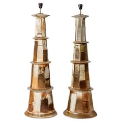Large Pair of Brown and White Stoneware Ceramic Floor or Table Lamps by Roz