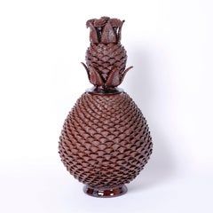 Large Pair of Brown Glazed Terra Cotta Lidded Pineapple Urns