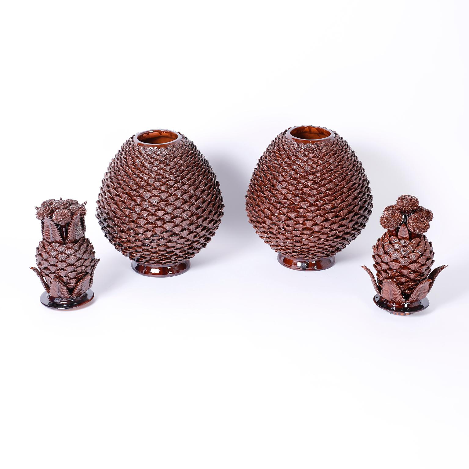 Pottery Large Pair of Brown Glazed Terra Cotta Lidded Pineapple Urns