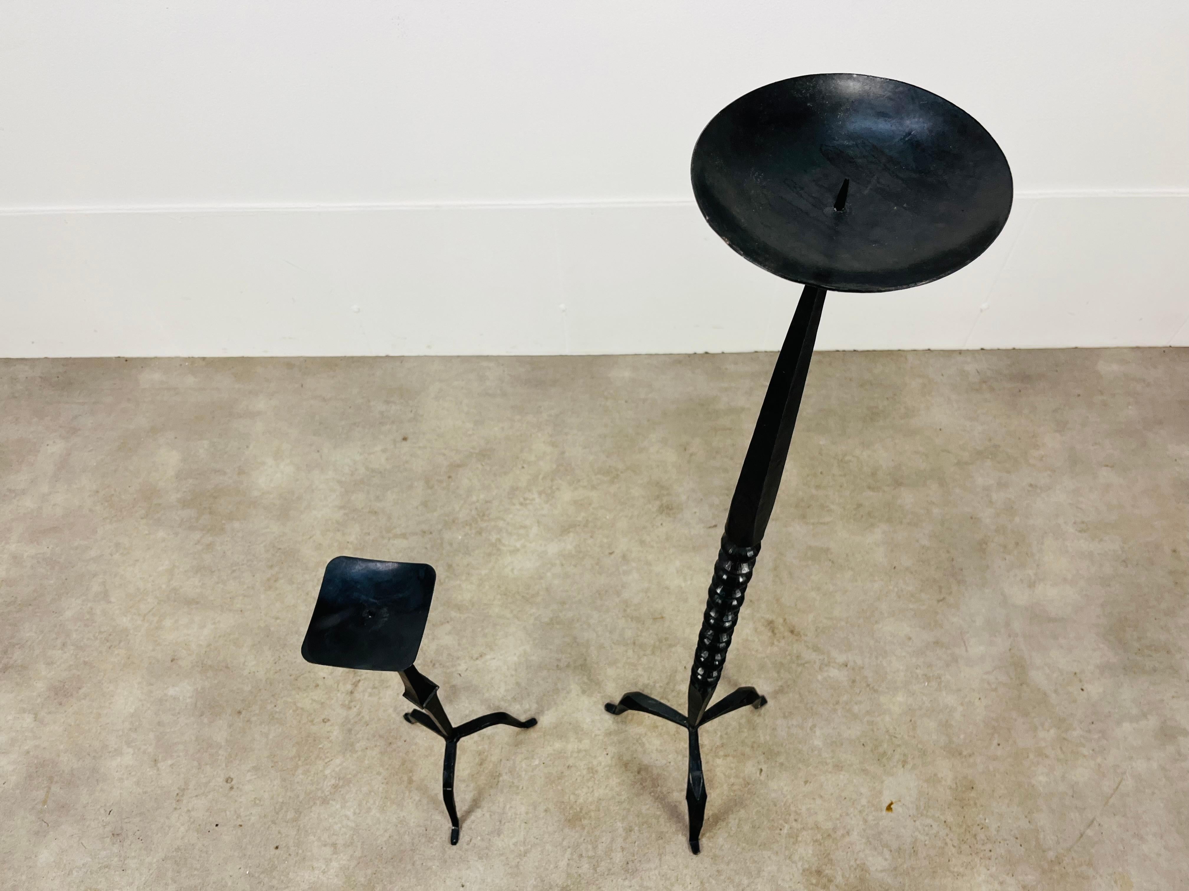 Large pair of Brutalist Mid Century wrought iron floor candelabra candle holder For Sale 5