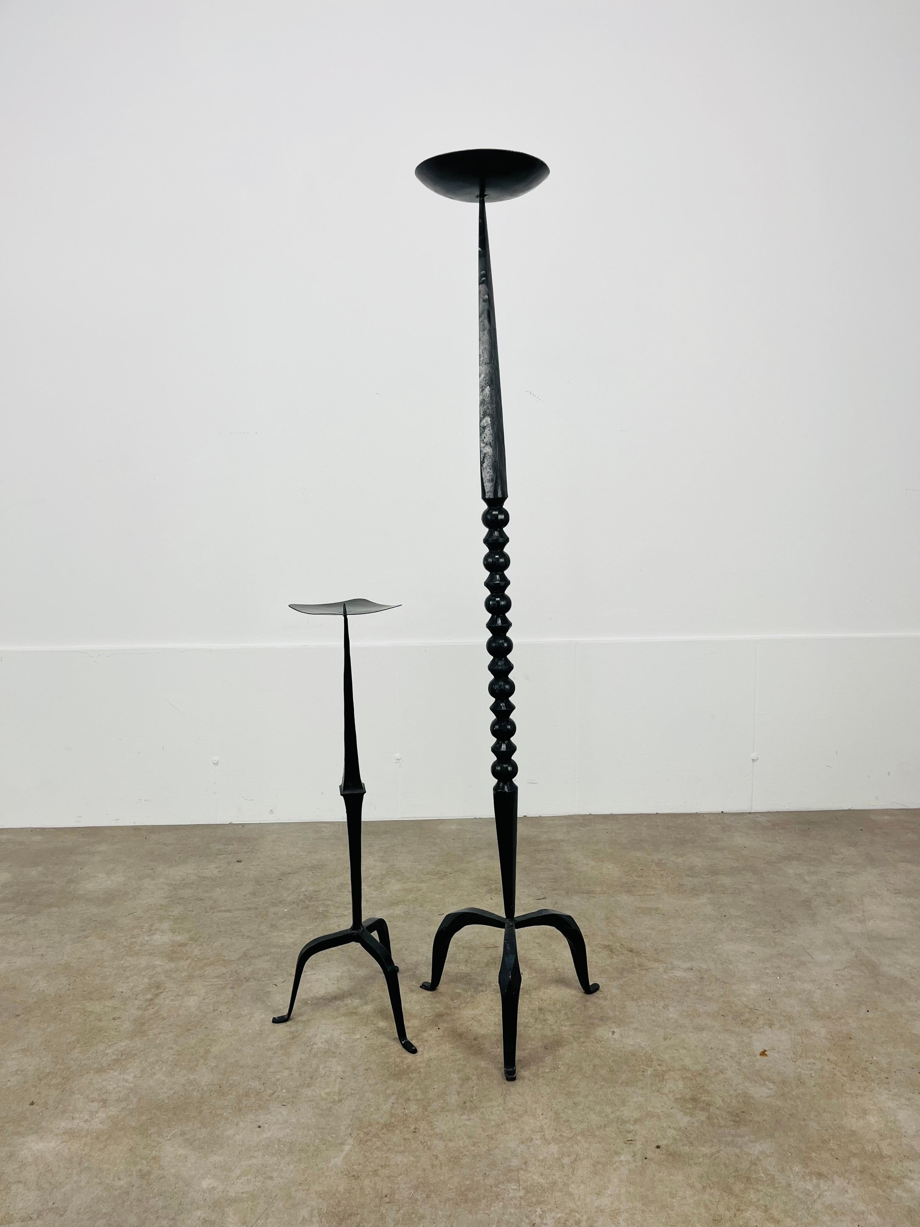 Large pair of Brutalist Mid Century wrought iron floor candelabra candle holder For Sale 7