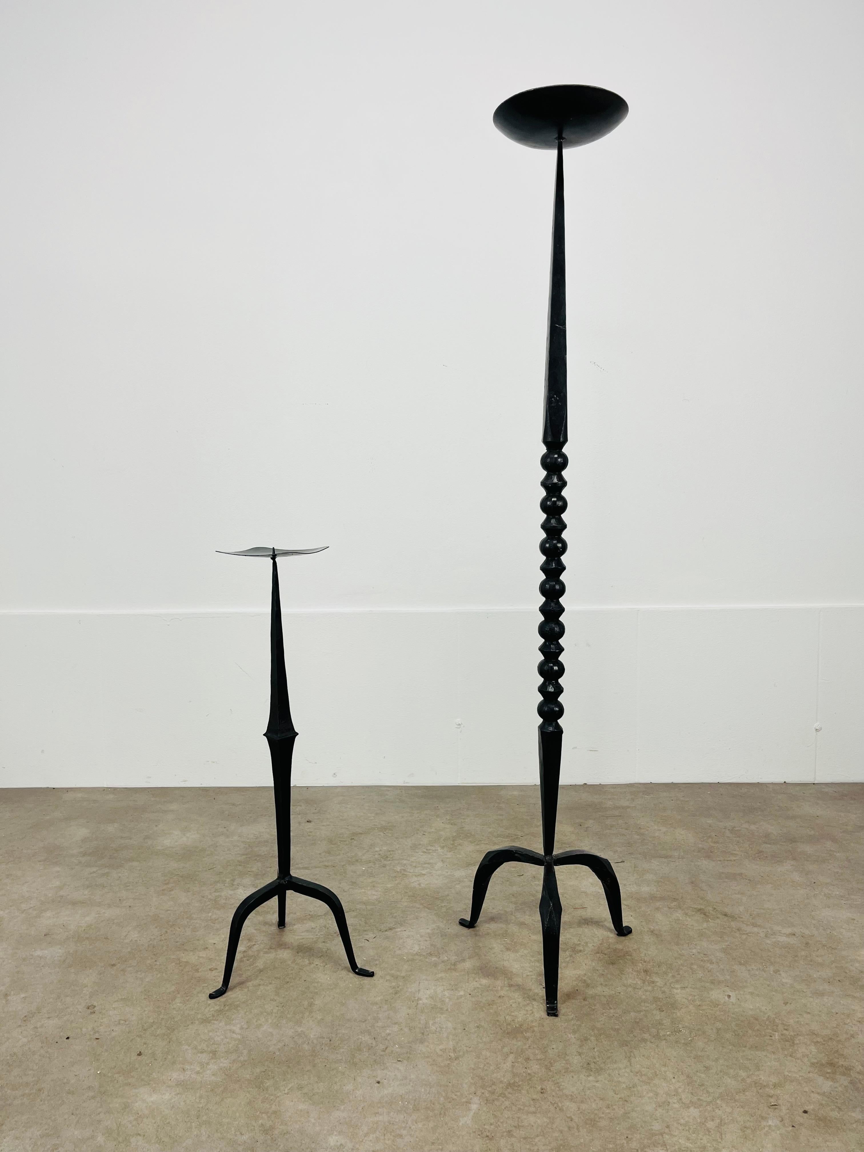 French Large pair of Brutalist Mid Century wrought iron floor candelabra candle holder For Sale