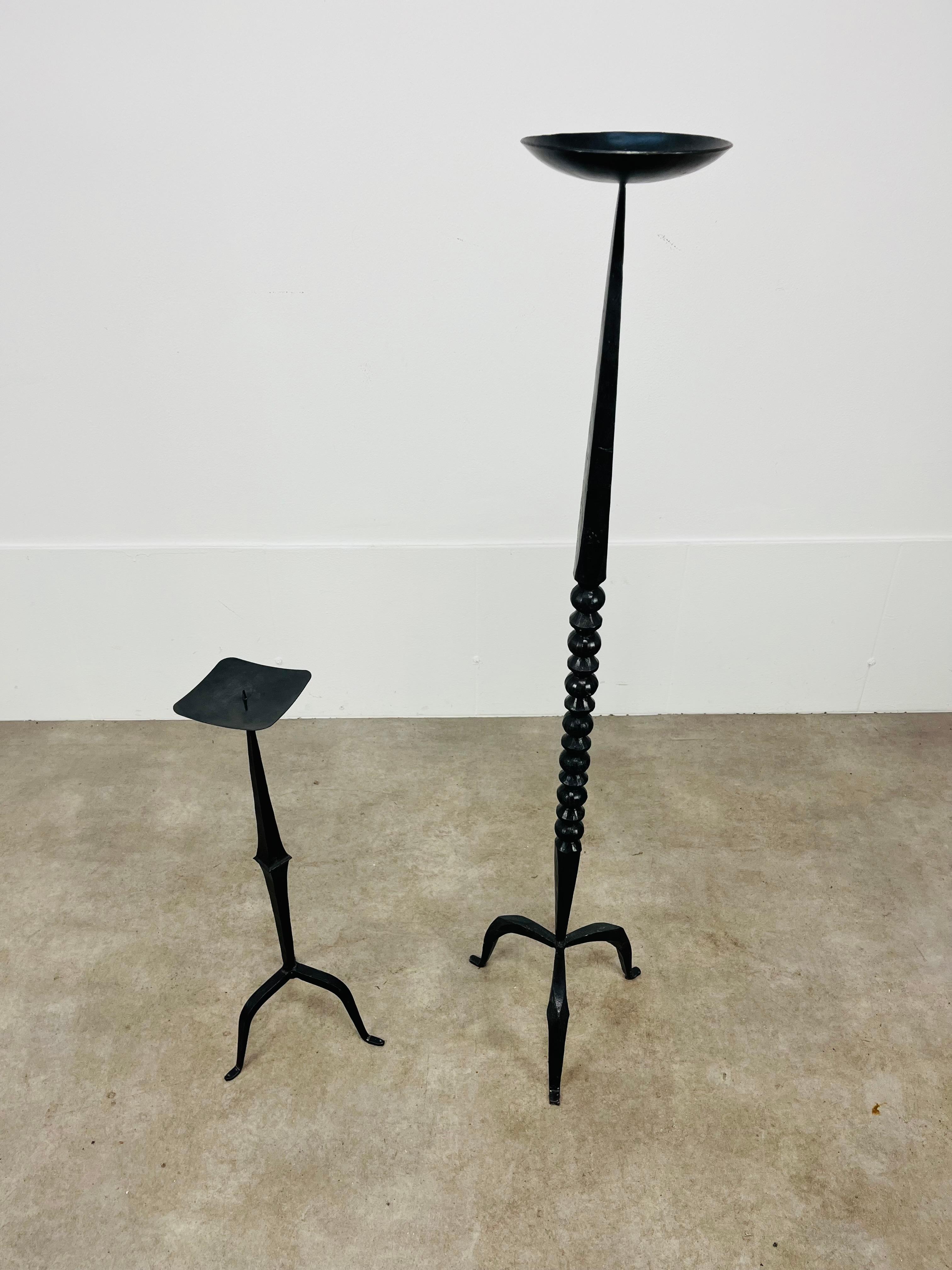 Large pair of Brutalist Mid Century wrought iron floor candelabra candle holder In Good Condition For Sale In BELFORT, FR
