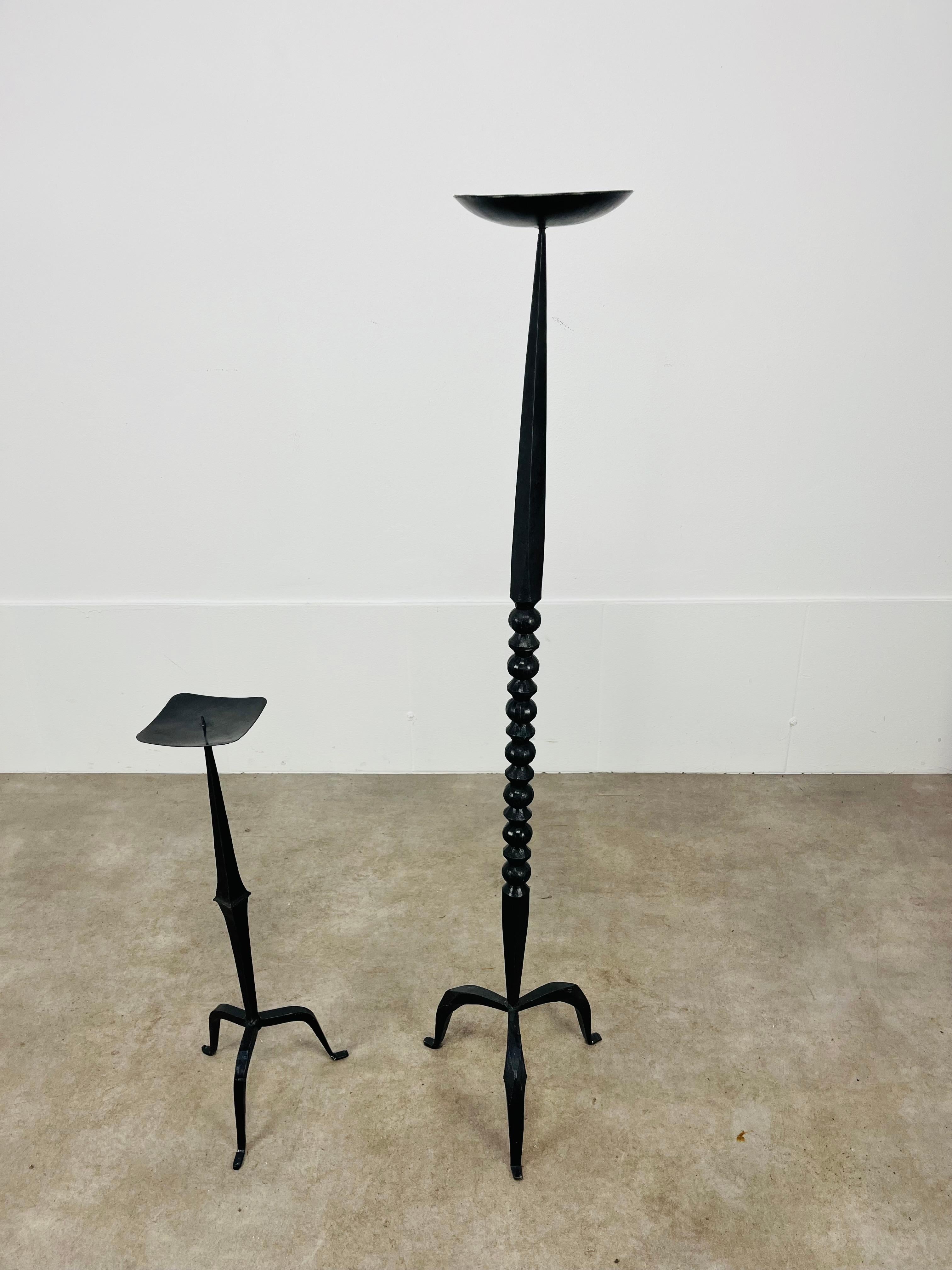 Large pair of Brutalist Mid Century wrought iron floor candelabra candle holder For Sale 2
