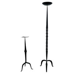 Large pair of Brutalist Mid Century wrought iron floor candelabra candle holder