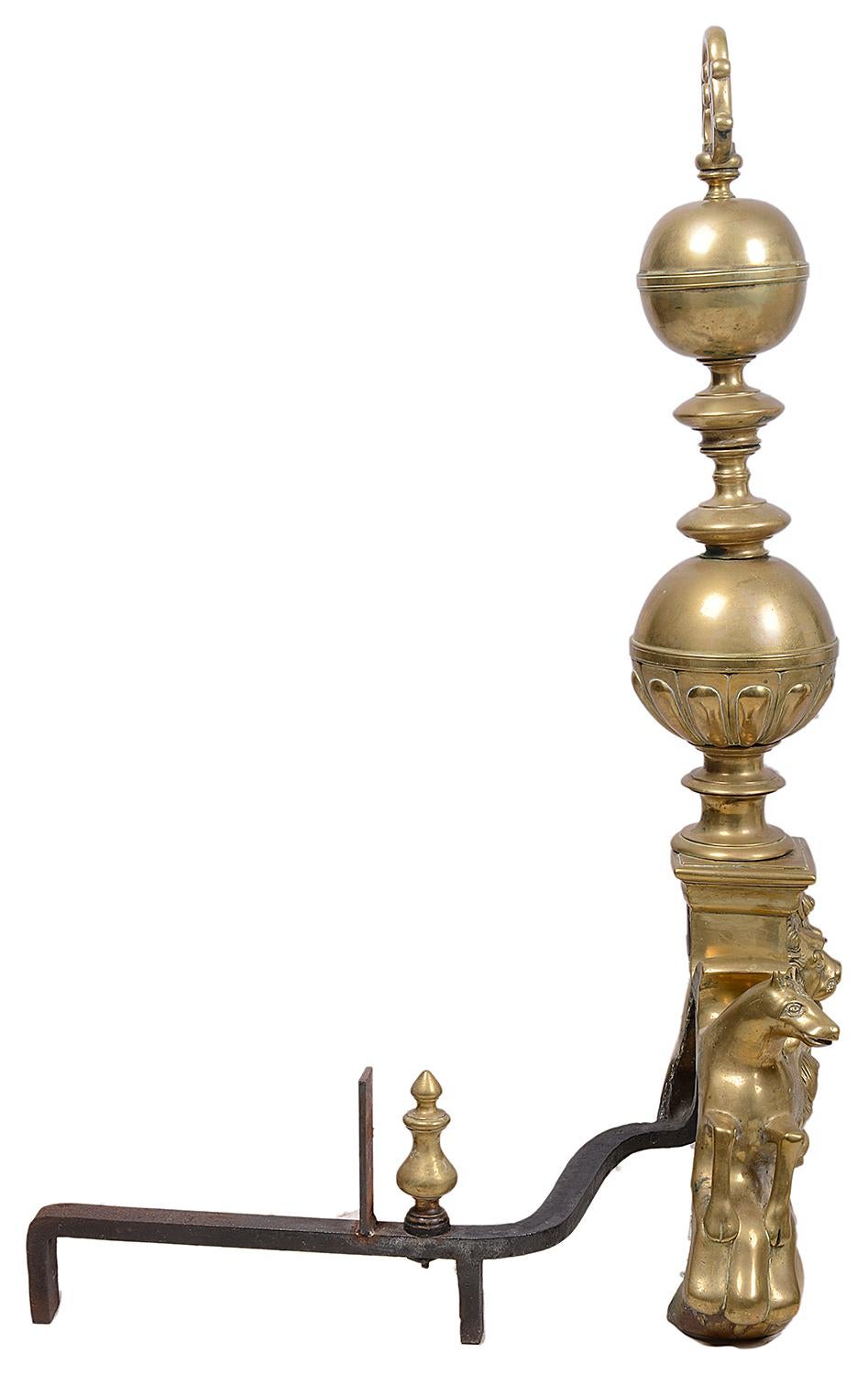 Dutch Large Pair of 19th Century Classical Brass Andirons or Firedogs For Sale
