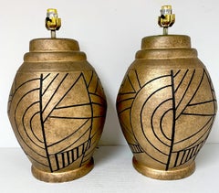 Large Pair of California Studios Earth Tone & Abstract Black Engraved Decoration