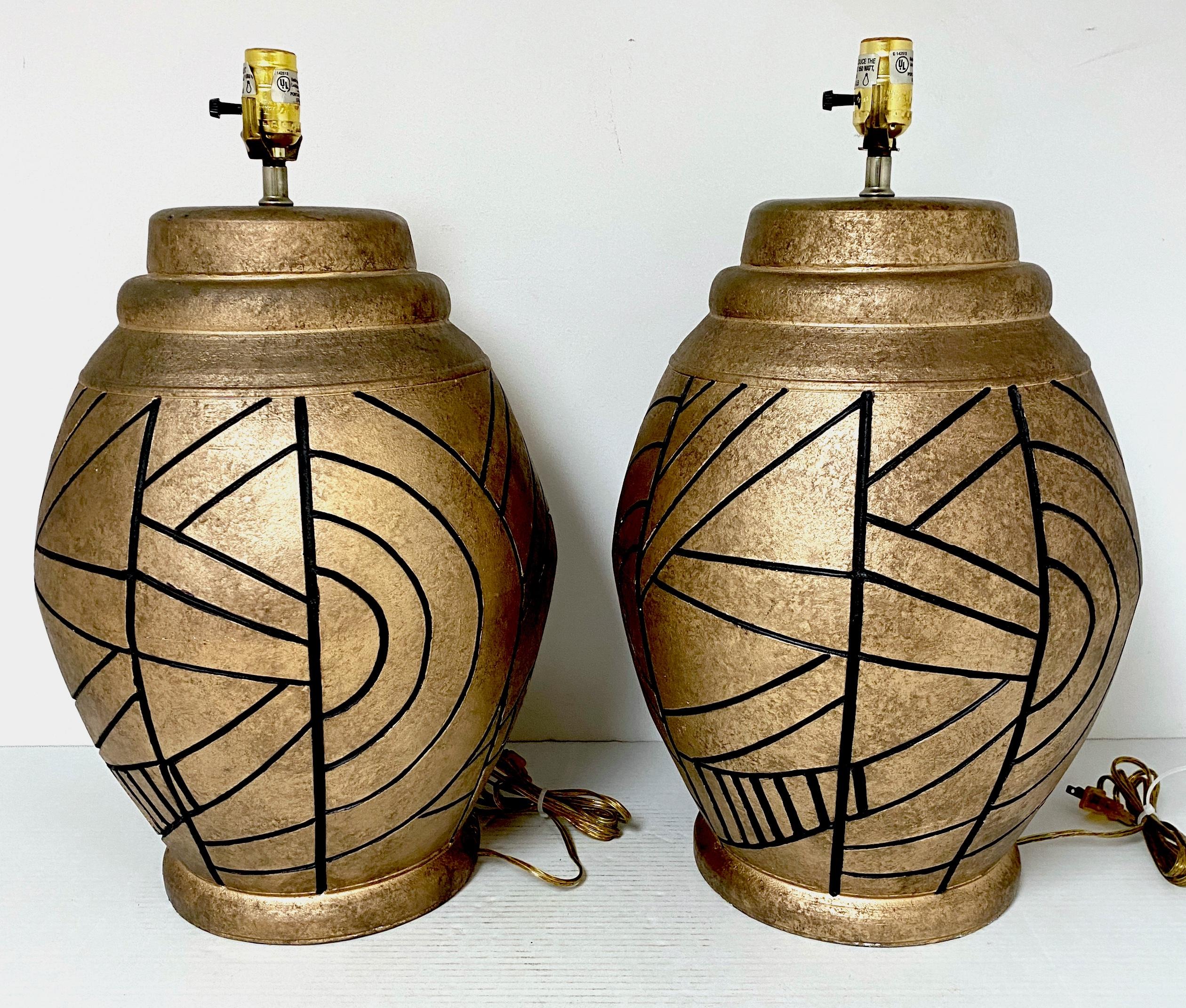 Modern Large Pair of California Studios Earth Tone & Abstract Black Engraved Decoration For Sale