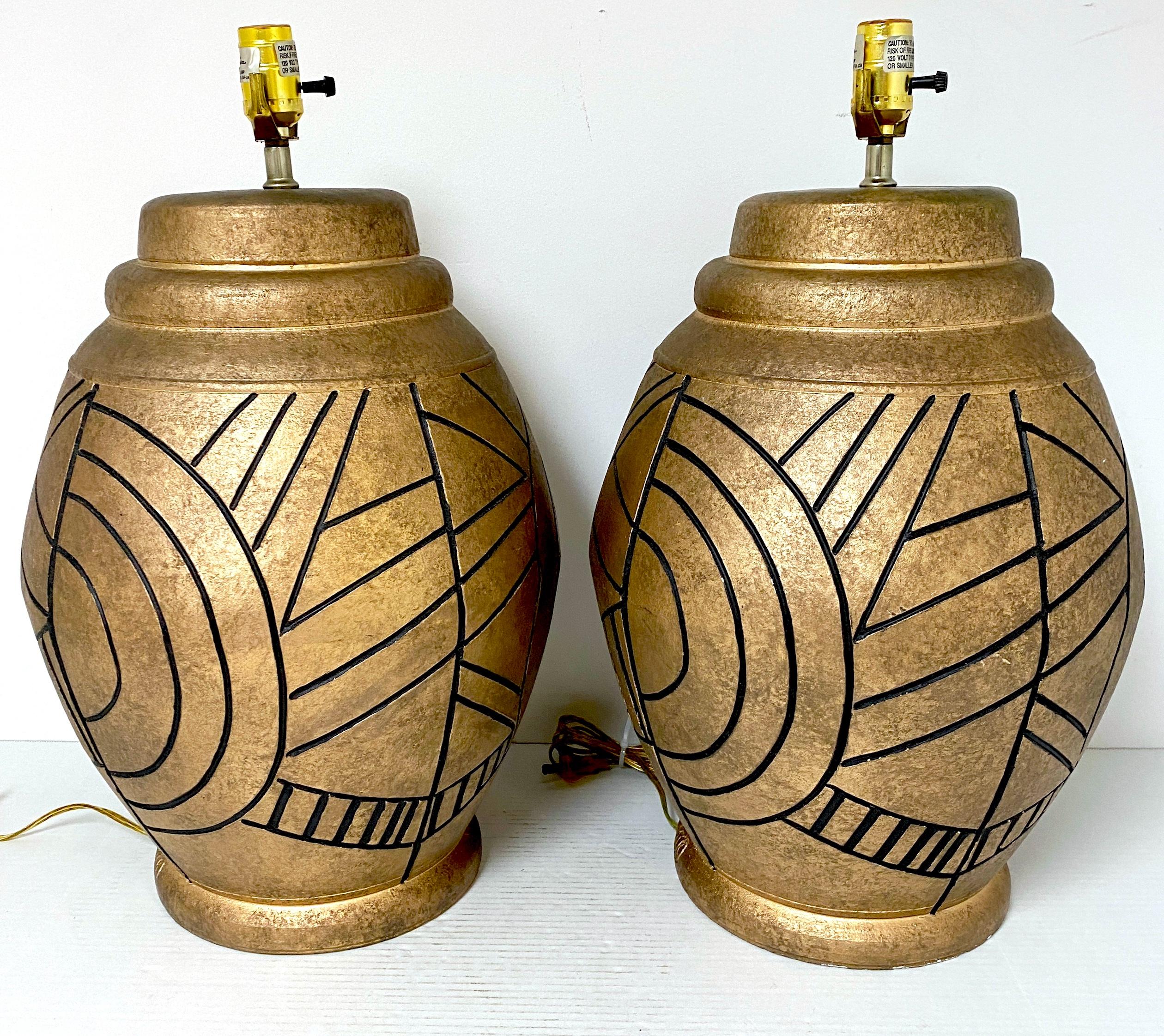 Large Pair of California Studios Earth Tone & Abstract Black Engraved Decoration In Good Condition For Sale In West Palm Beach, FL