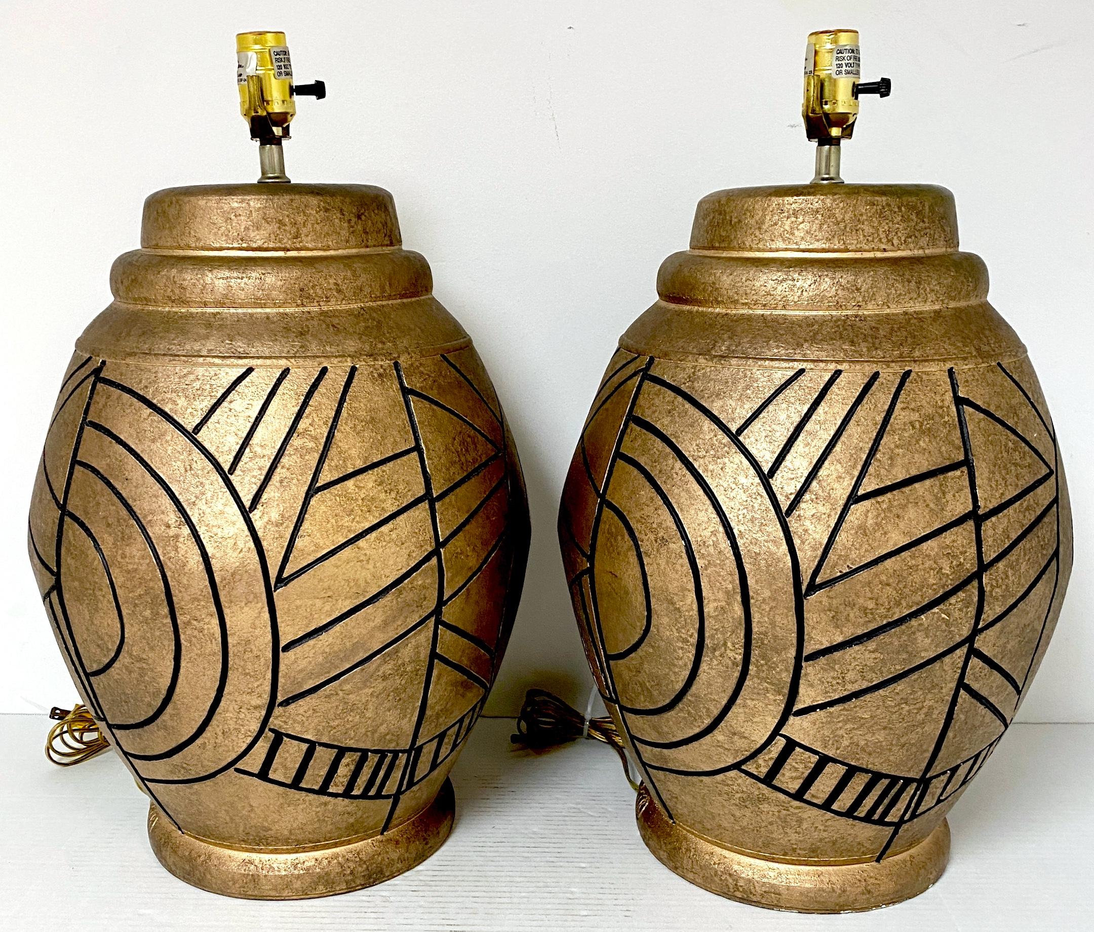 20th Century Large Pair of California Studios Earth Tone & Abstract Black Engraved Decoration For Sale