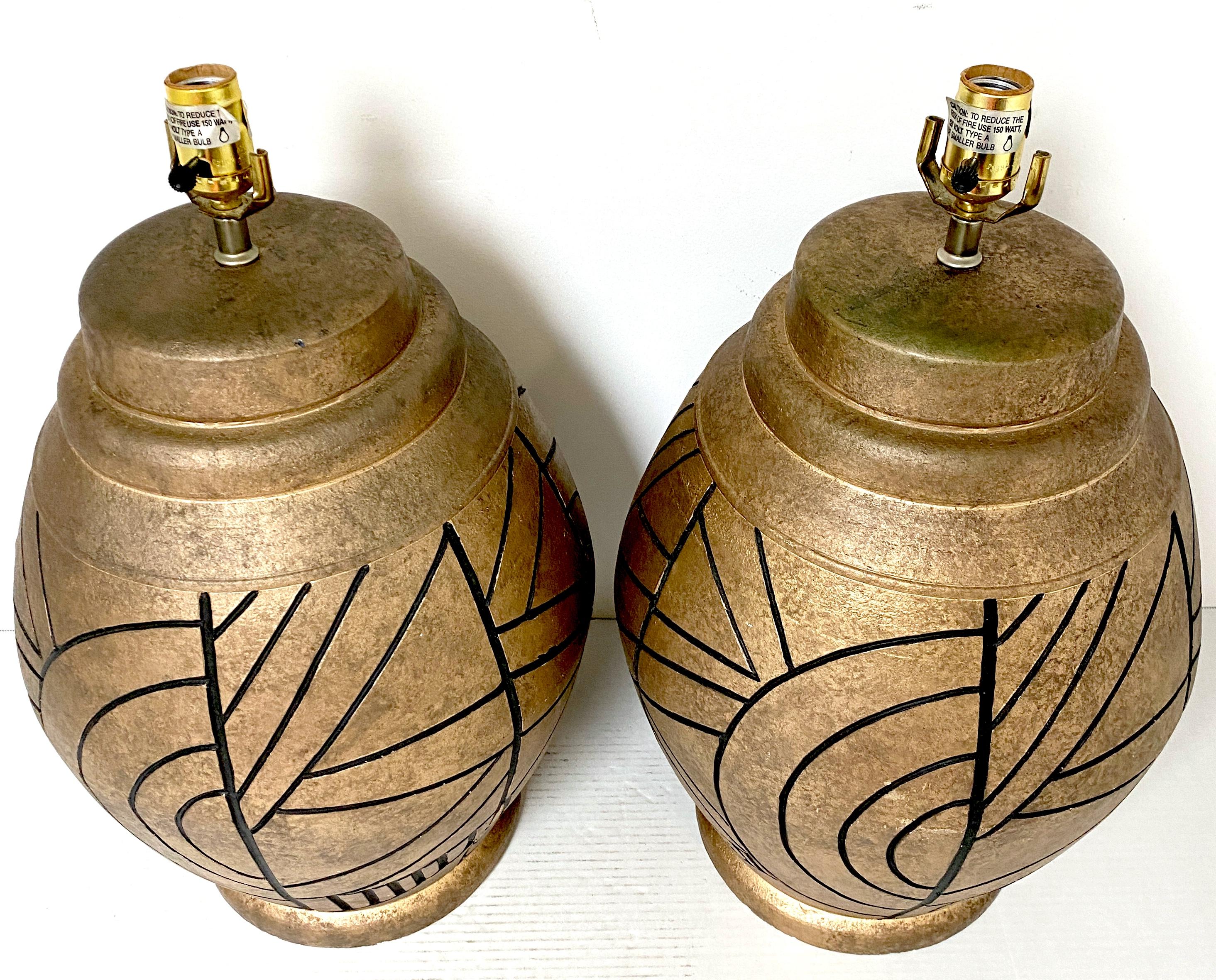 Pottery Large Pair of California Studios Earth Tone & Abstract Black Engraved Decoration For Sale