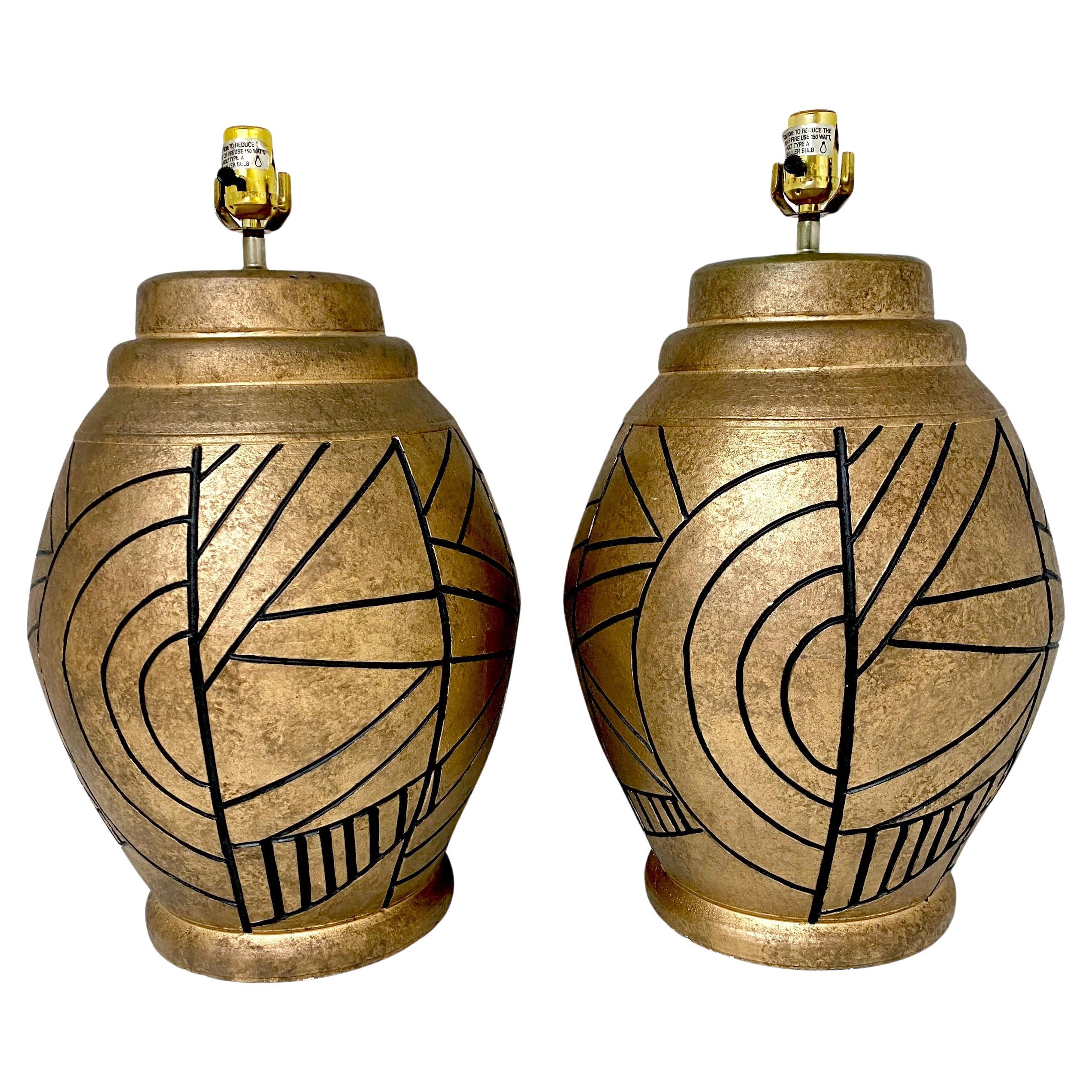 Large Pair of California Studios Earth Tone & Abstract Black Engraved Decoration For Sale