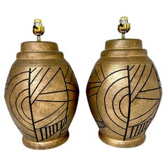 Large Pair of California Studios Earth Tone & Abstract Black Engraved Decoration