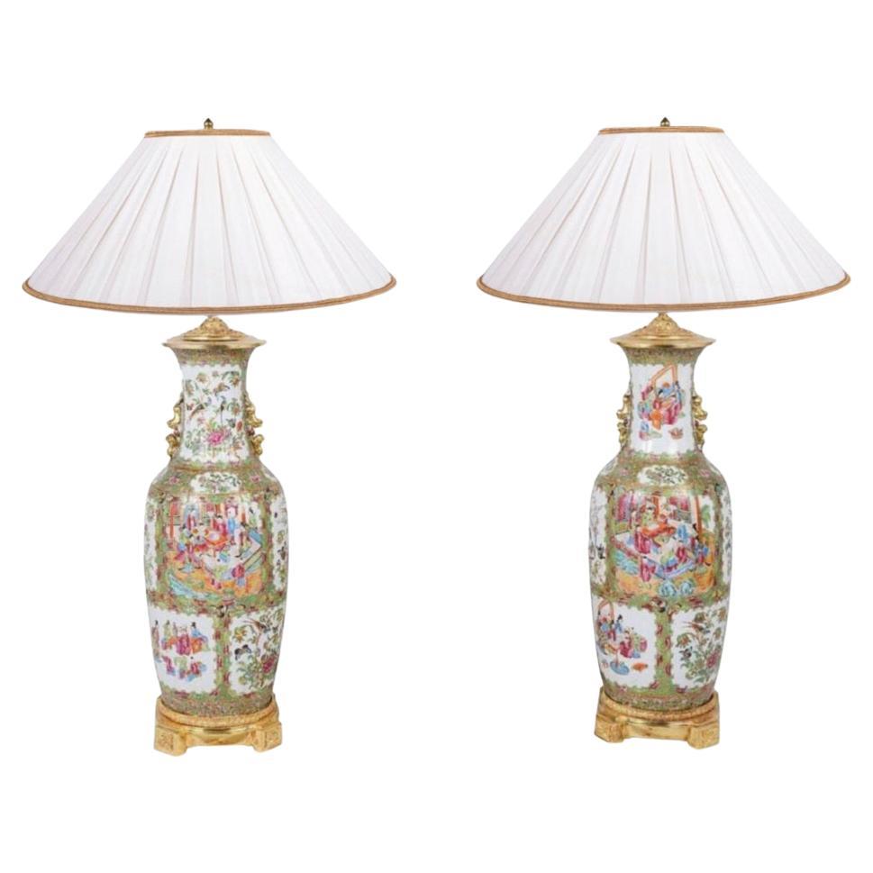 Large Pair of Canton / Rose Medalion Chinese Vases / Lamps, 19th Century For Sale