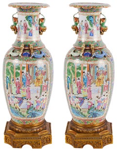 Large Pair of Canton / Rose Medallion Vases or Lamps, 19th Century