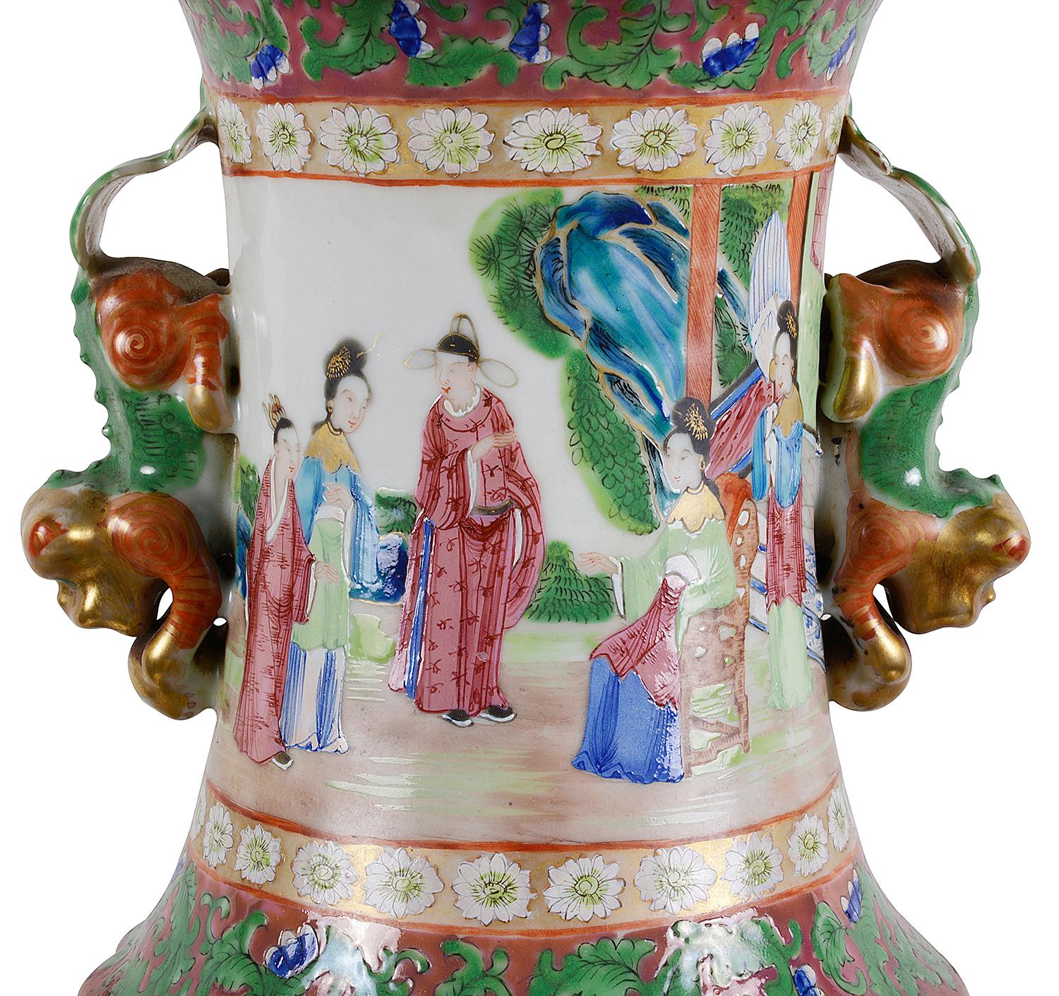 Grande coppia di vasi o lampade a medaglione di Canton / Rose, XIX secolo in vendita 1