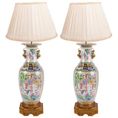 Large Pair of Canton / Rose Medallion Vases or Lamps, 19th Century