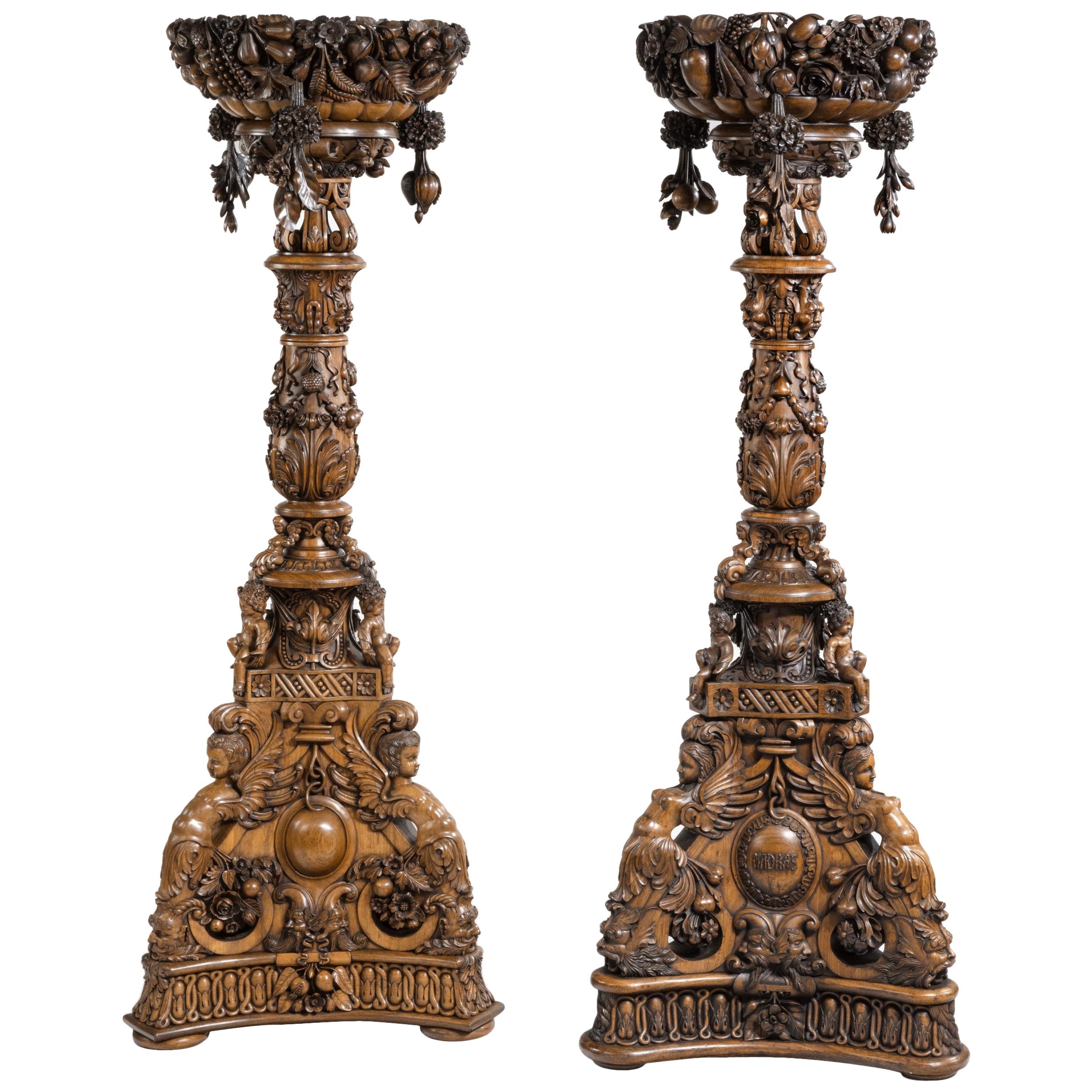 Large Pair of 19th Century Carved Anglo-Indian Wooden Jardinière Pedestals