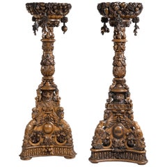 Used Large Pair of 19th Century Carved Anglo-Indian Wooden Jardinière Pedestals