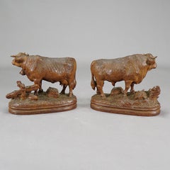 Large Pair of Carved Bull and Cow Statues, Brienz, ca. 1900