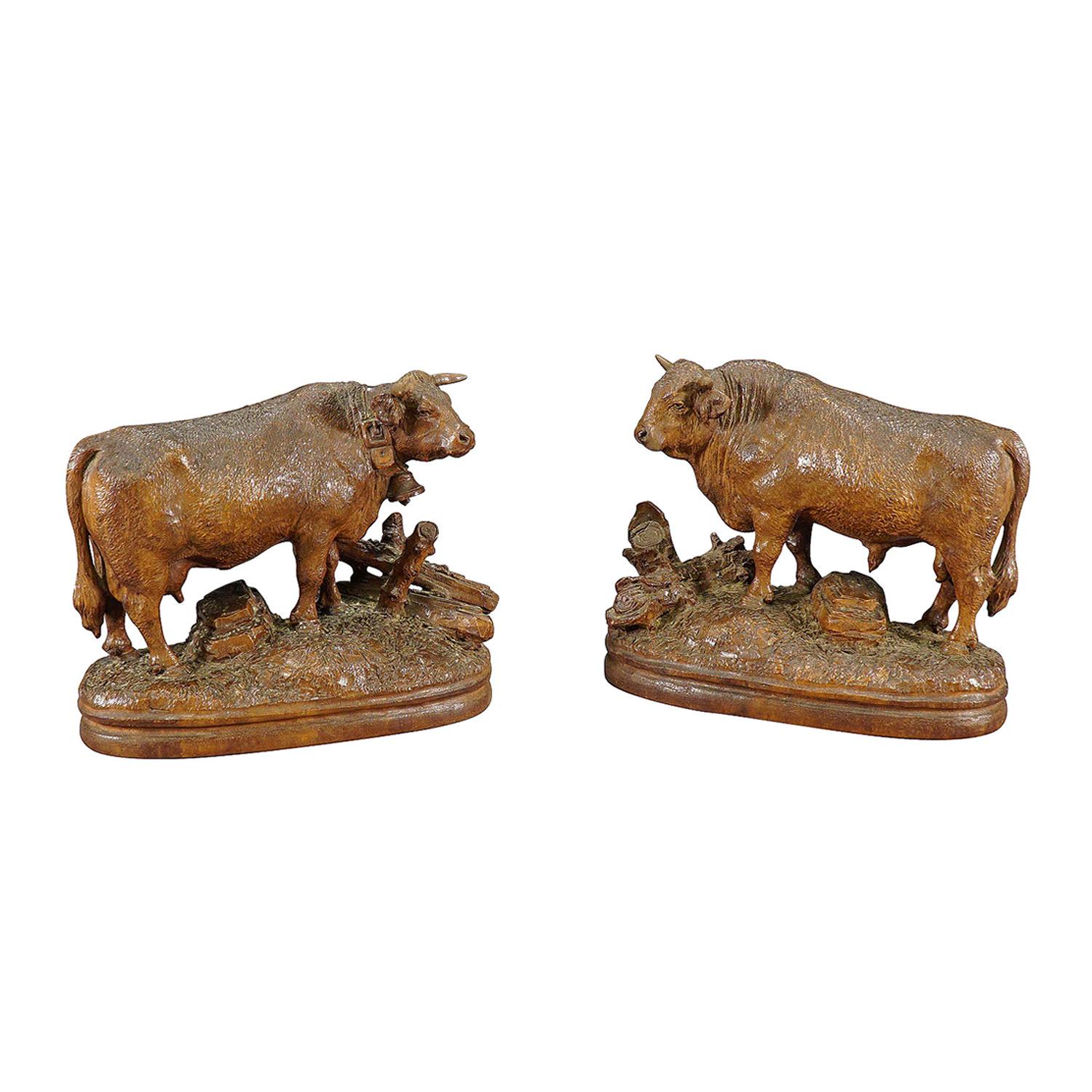 Large Pair of Carved Bull and Cow Statues, Brienz, ca. 1900