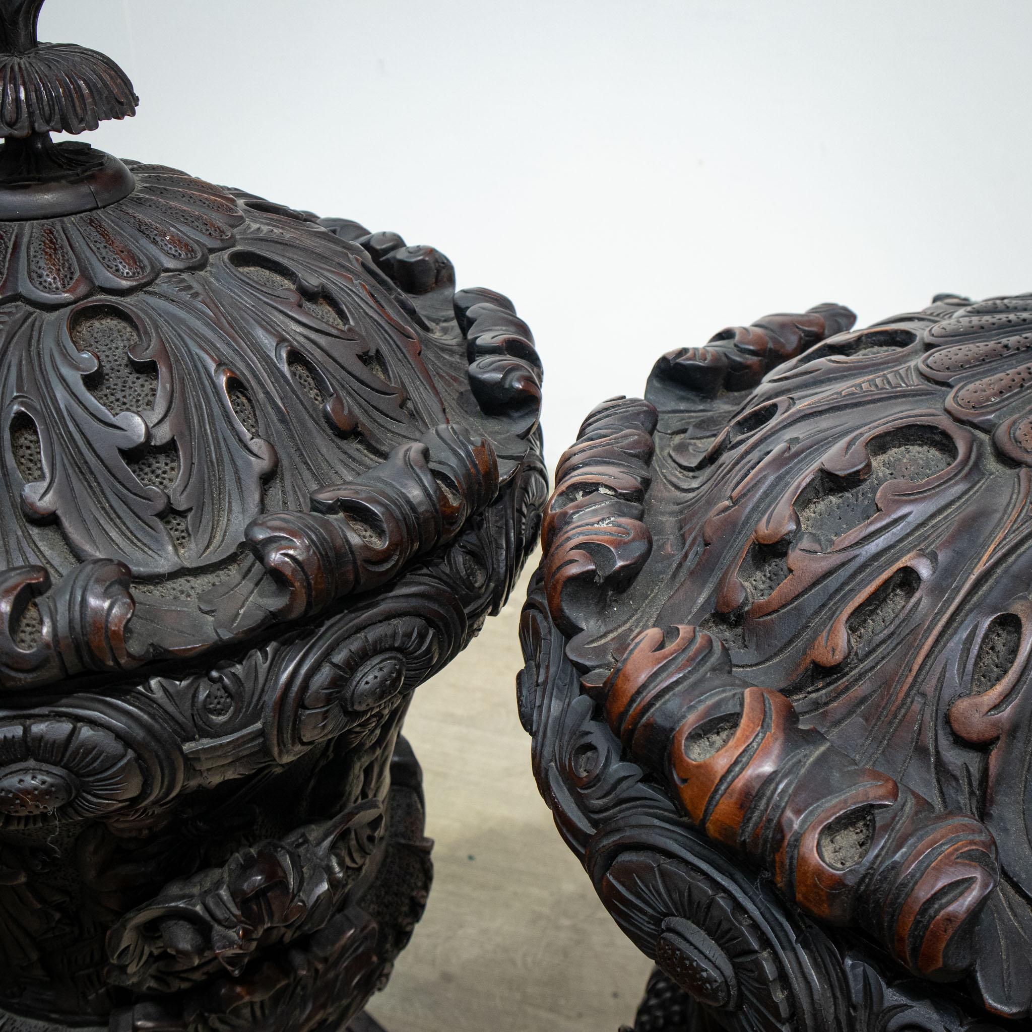Large Pair of Carved Mahogany Table Urns with Lids For Sale 8