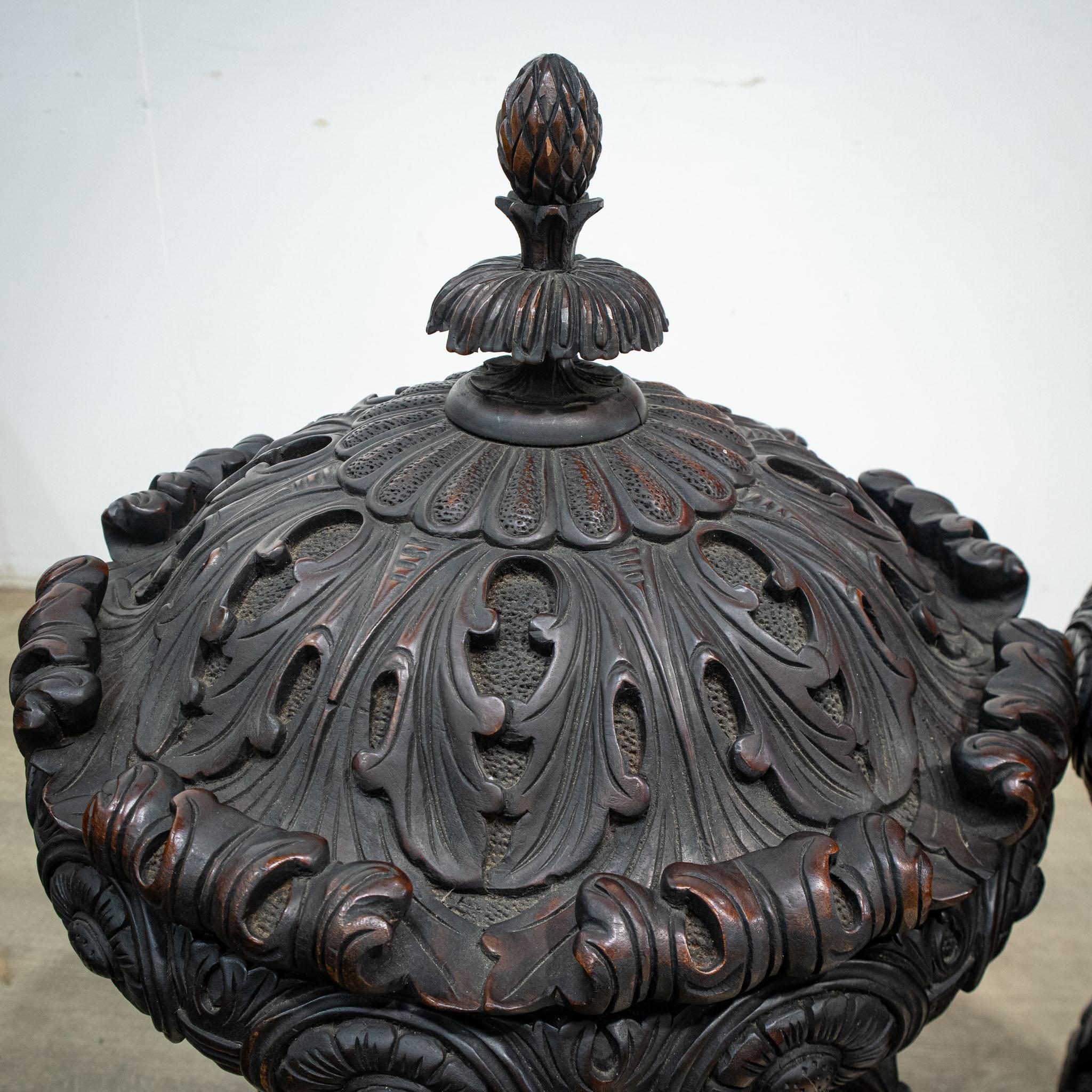Large Pair of Carved Mahogany Table Urns with Lids For Sale 9