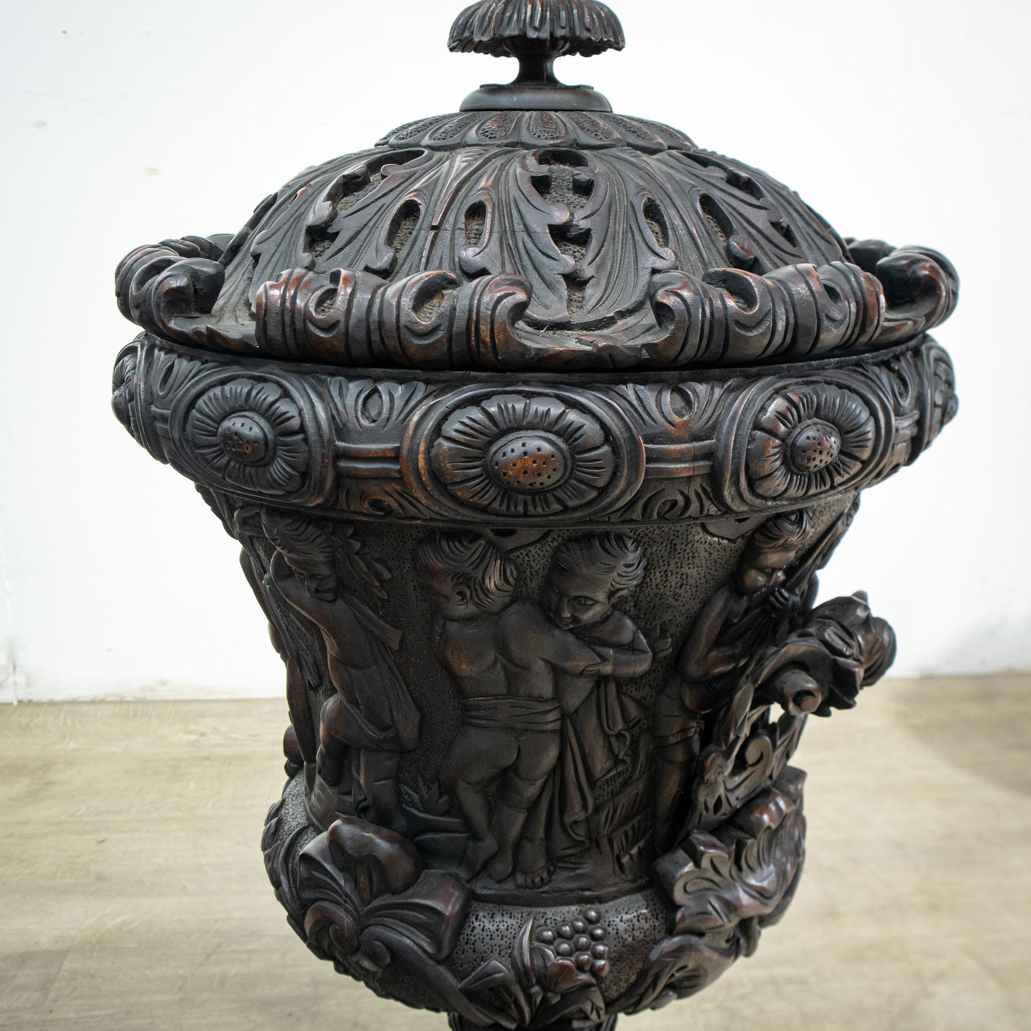 Large Pair of Carved Mahogany Table Urns with Lids For Sale 10