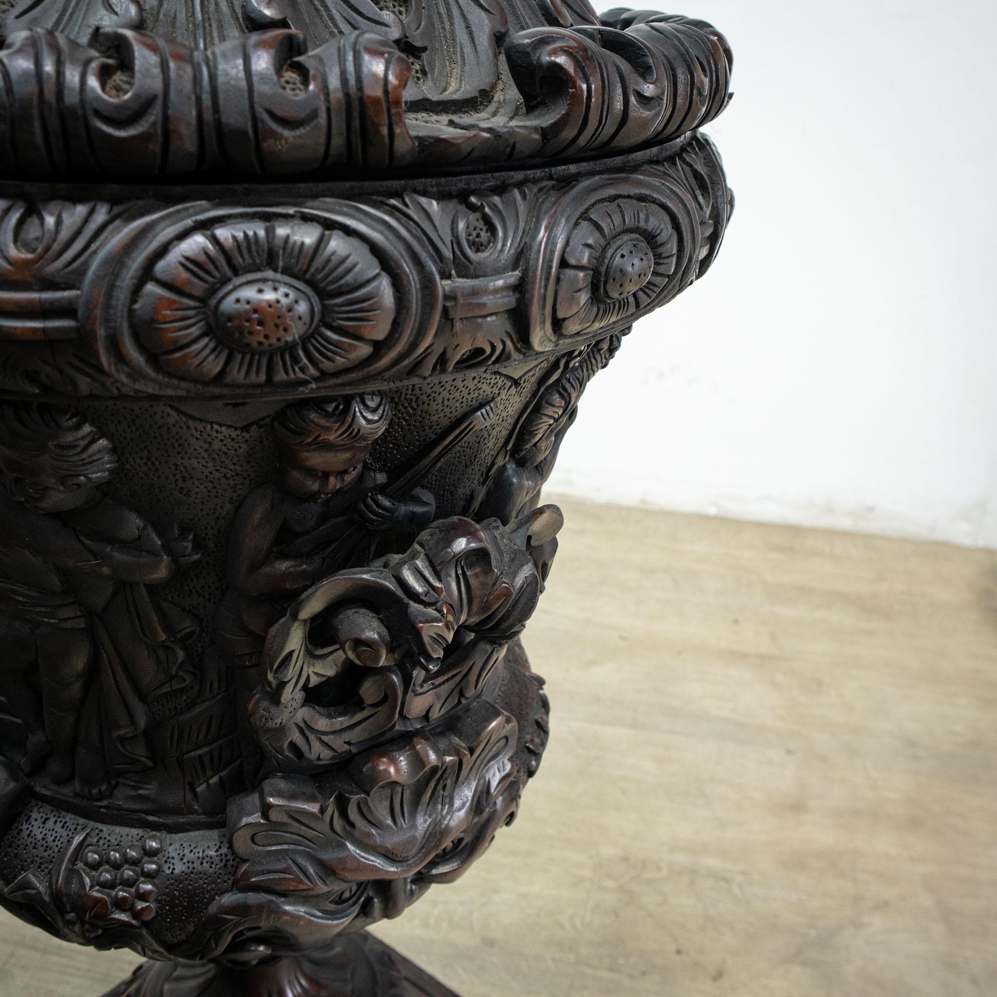 Large Pair of Carved Mahogany Table Urns with Lids For Sale 11