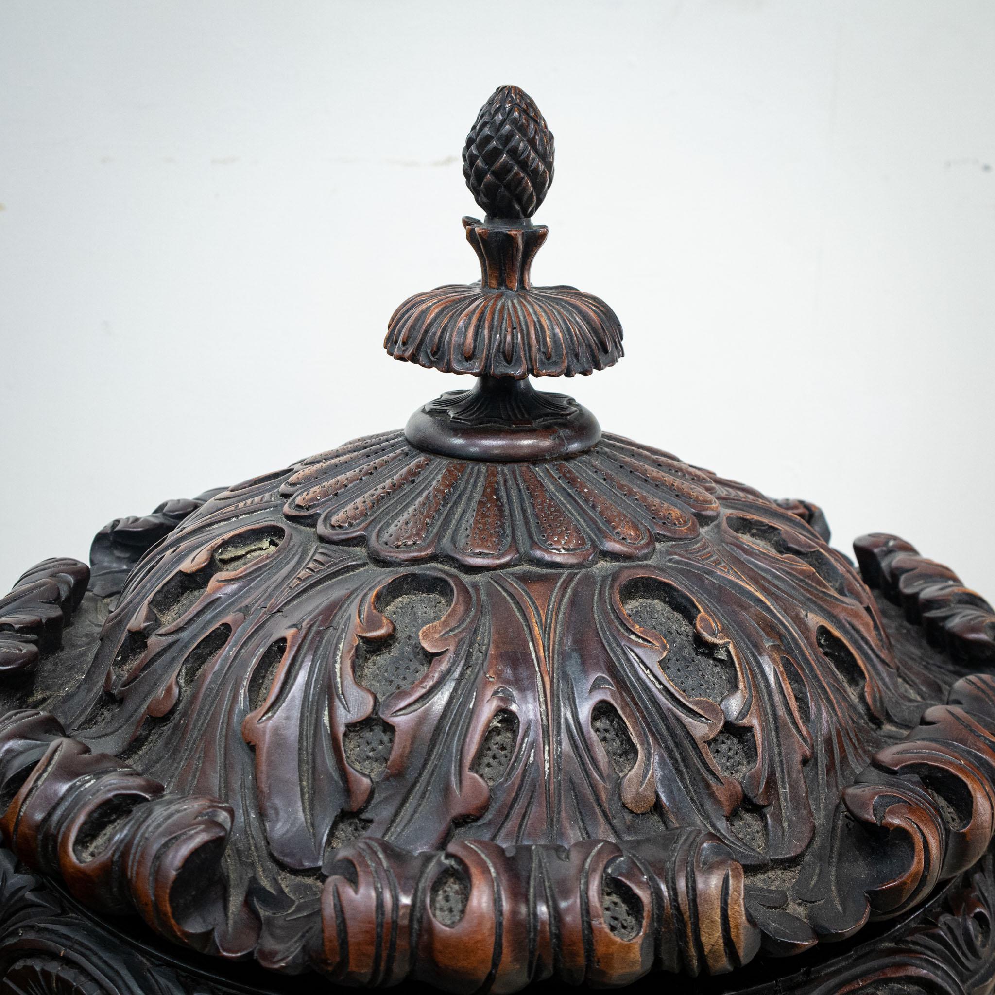 British Large Pair of Carved Mahogany Table Urns with Lids For Sale