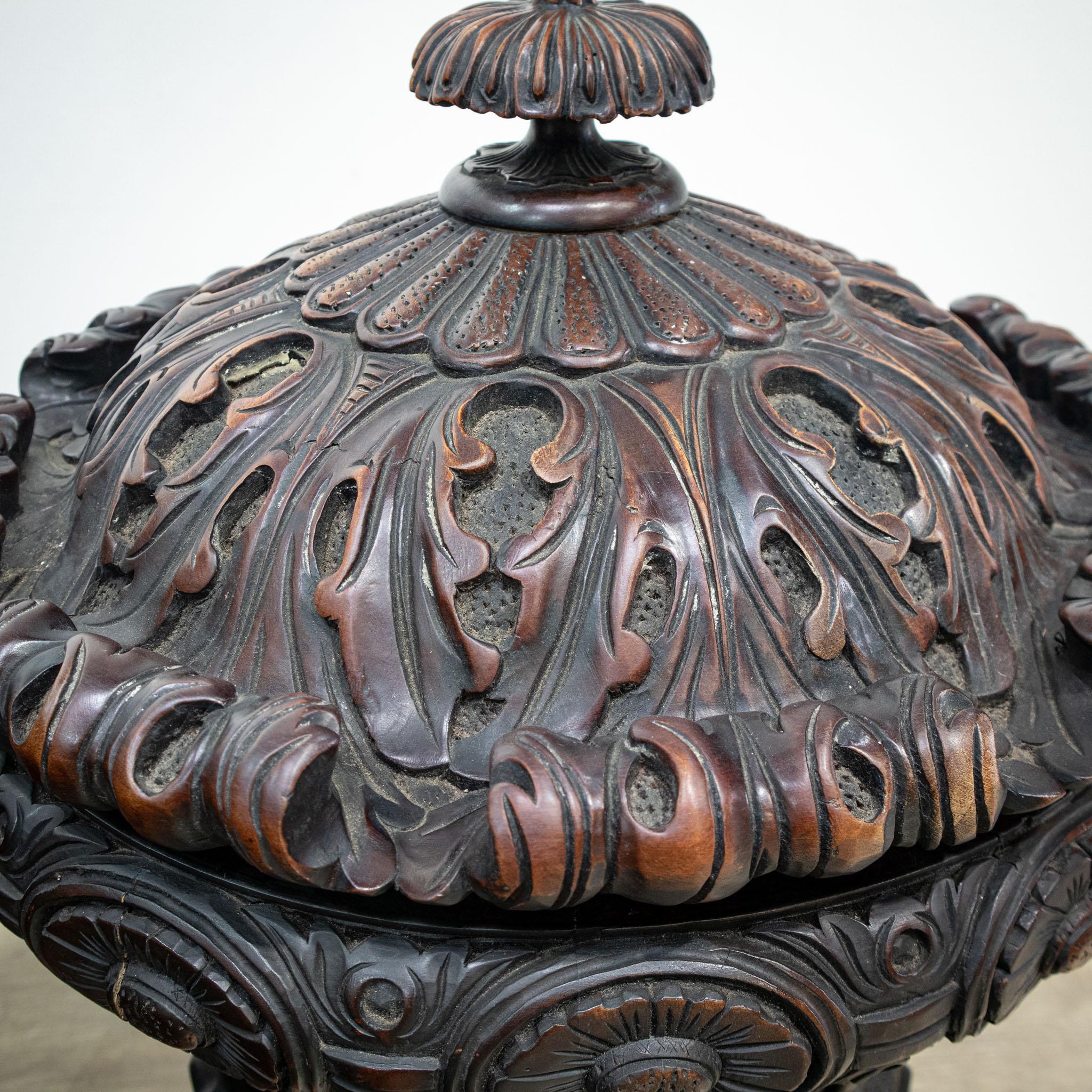 Large Pair of Carved Mahogany Table Urns with Lids In Fair Condition For Sale In Newark, GB