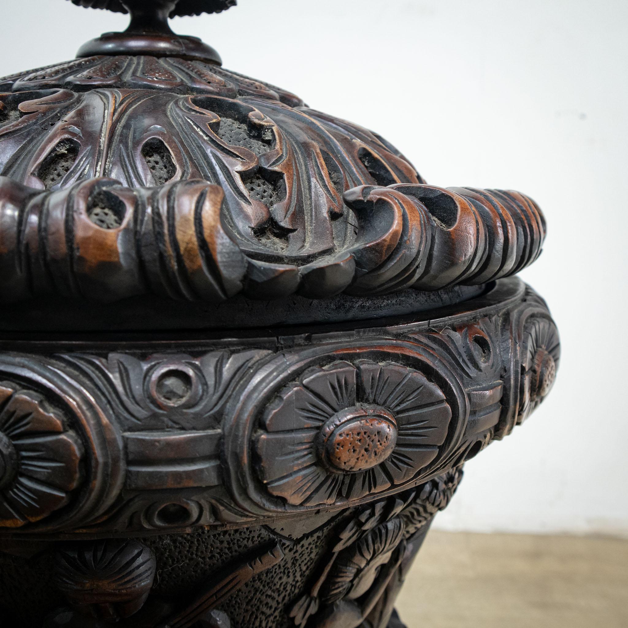 20th Century Large Pair of Carved Mahogany Table Urns with Lids For Sale