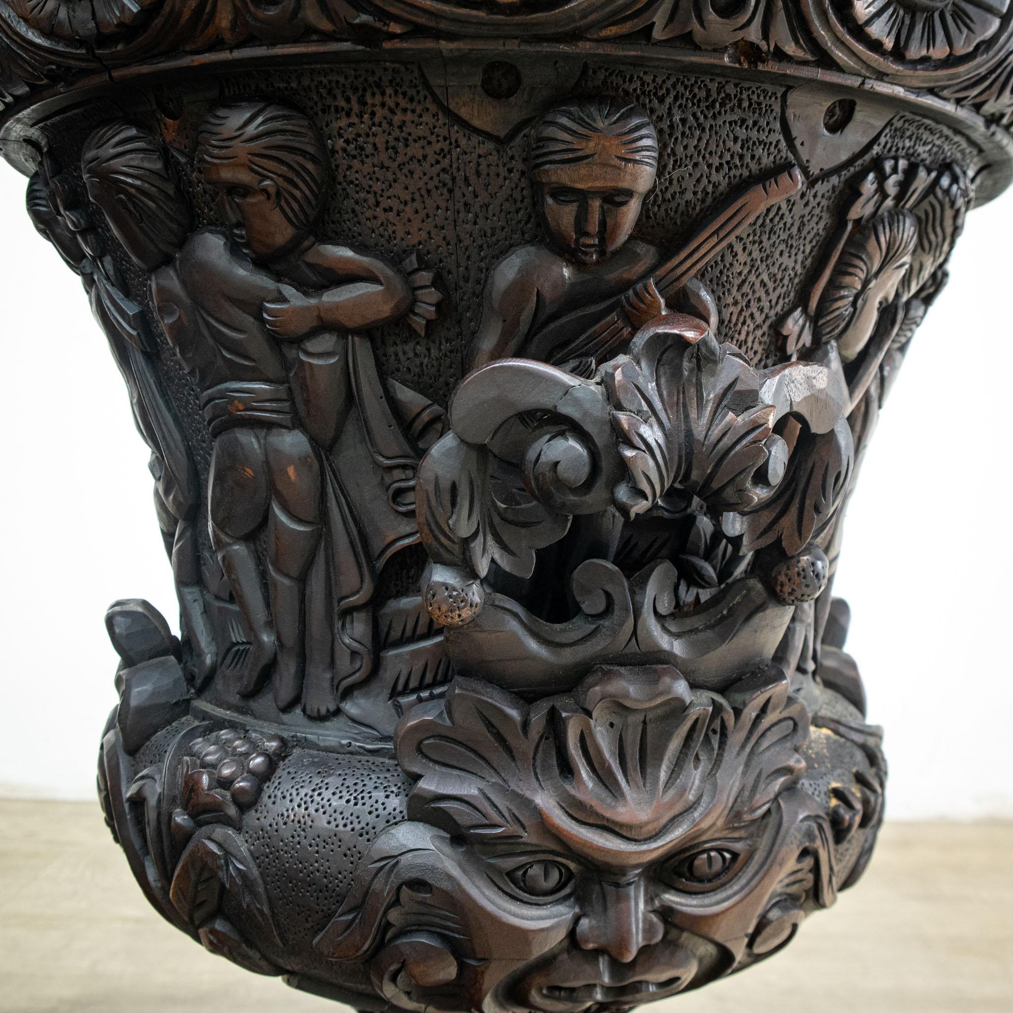 Large Pair of Carved Mahogany Table Urns with Lids For Sale 1