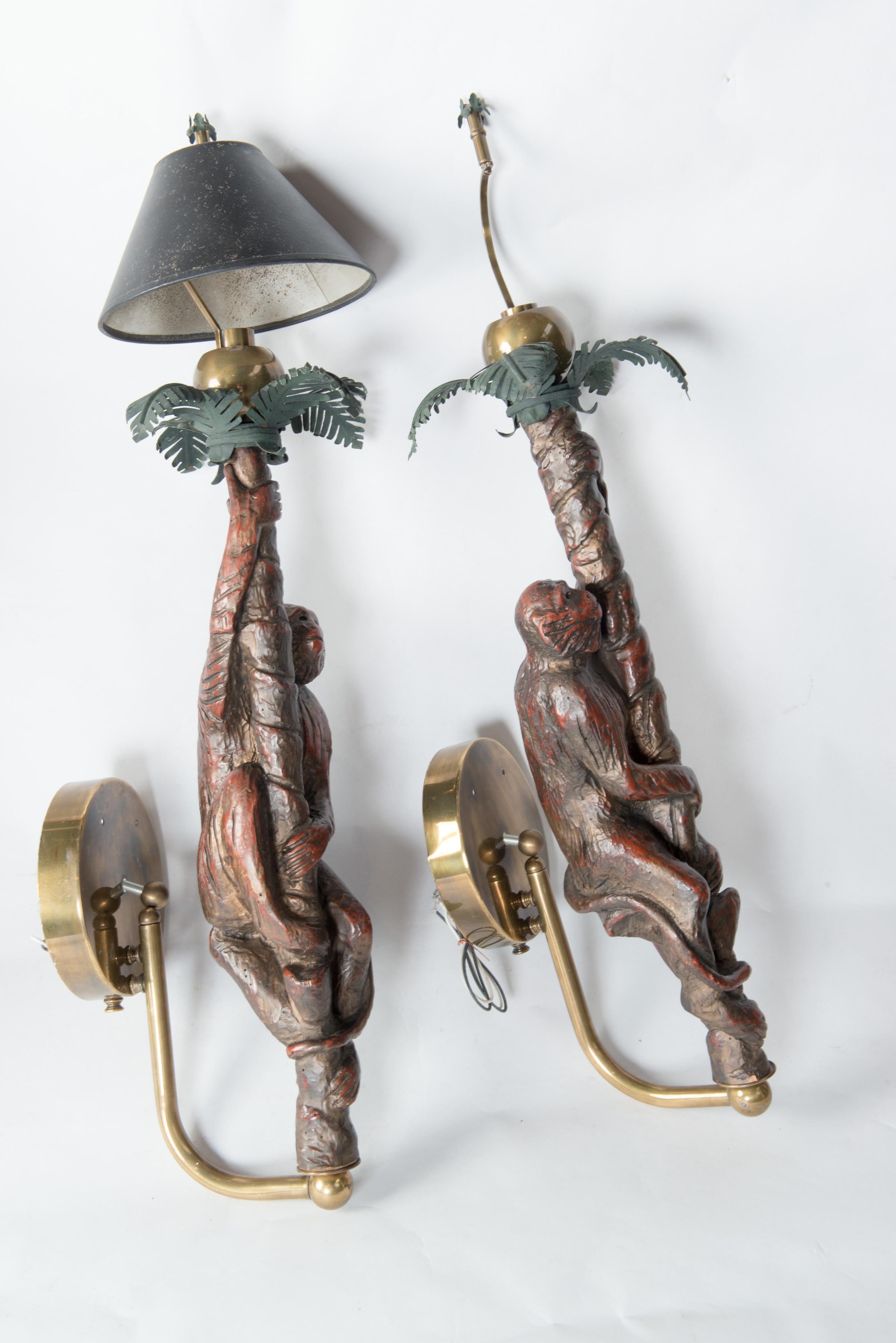 Large Pair of Carved Wood Monkey Sconces For Sale 6