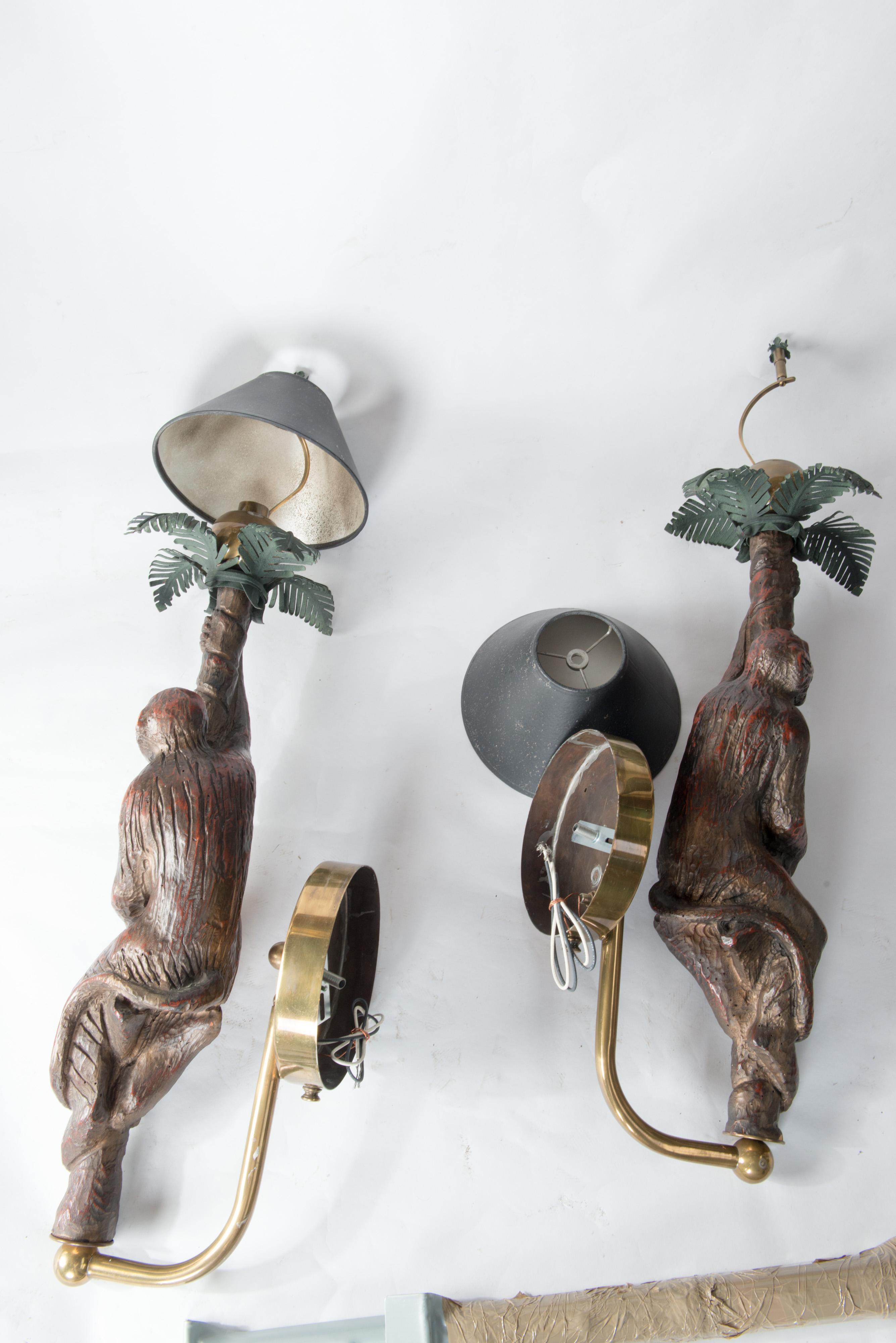 Large Pair of Carved Wood Monkey Sconces For Sale 8