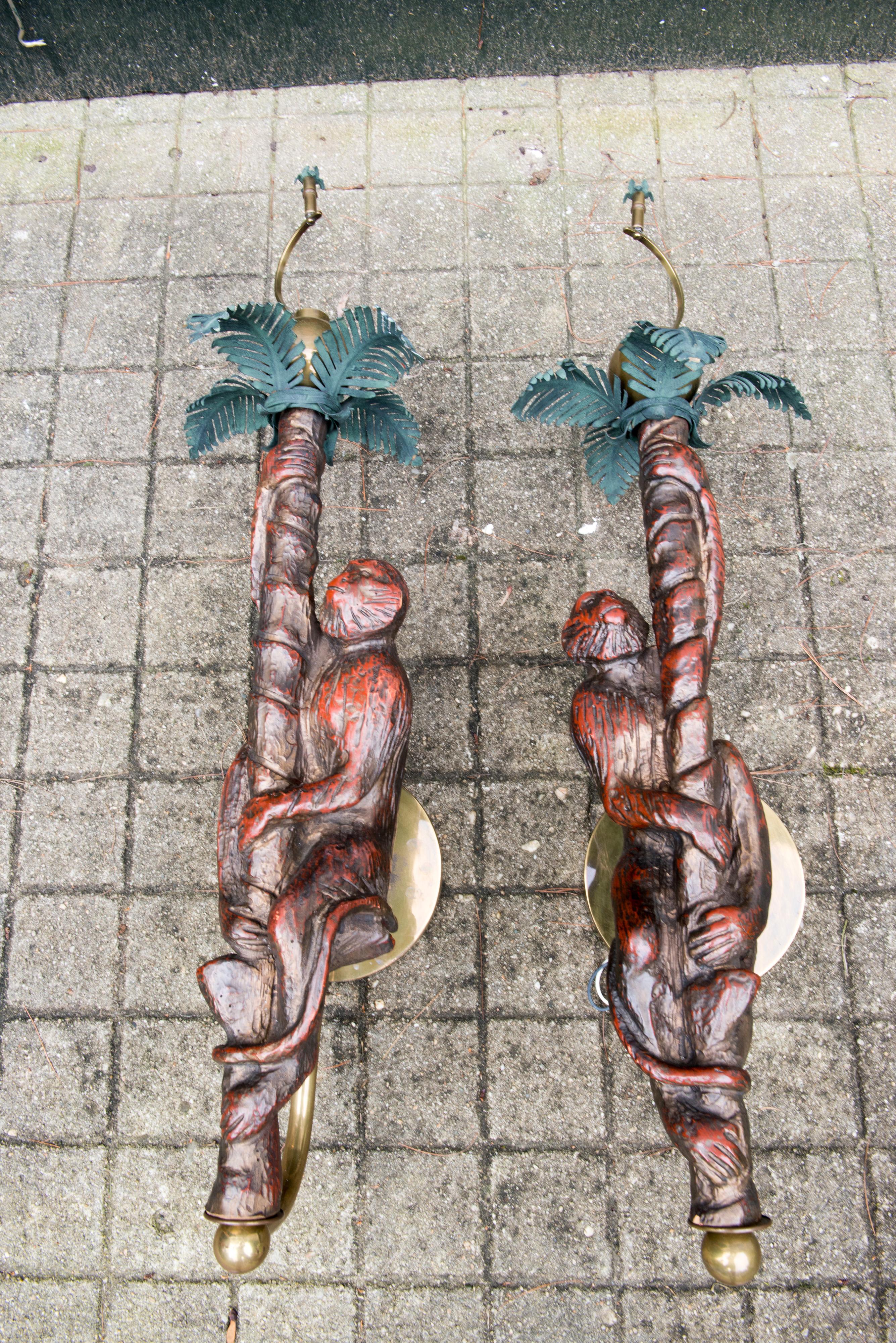 Large Pair of Carved Wood Monkey Sconces For Sale 12