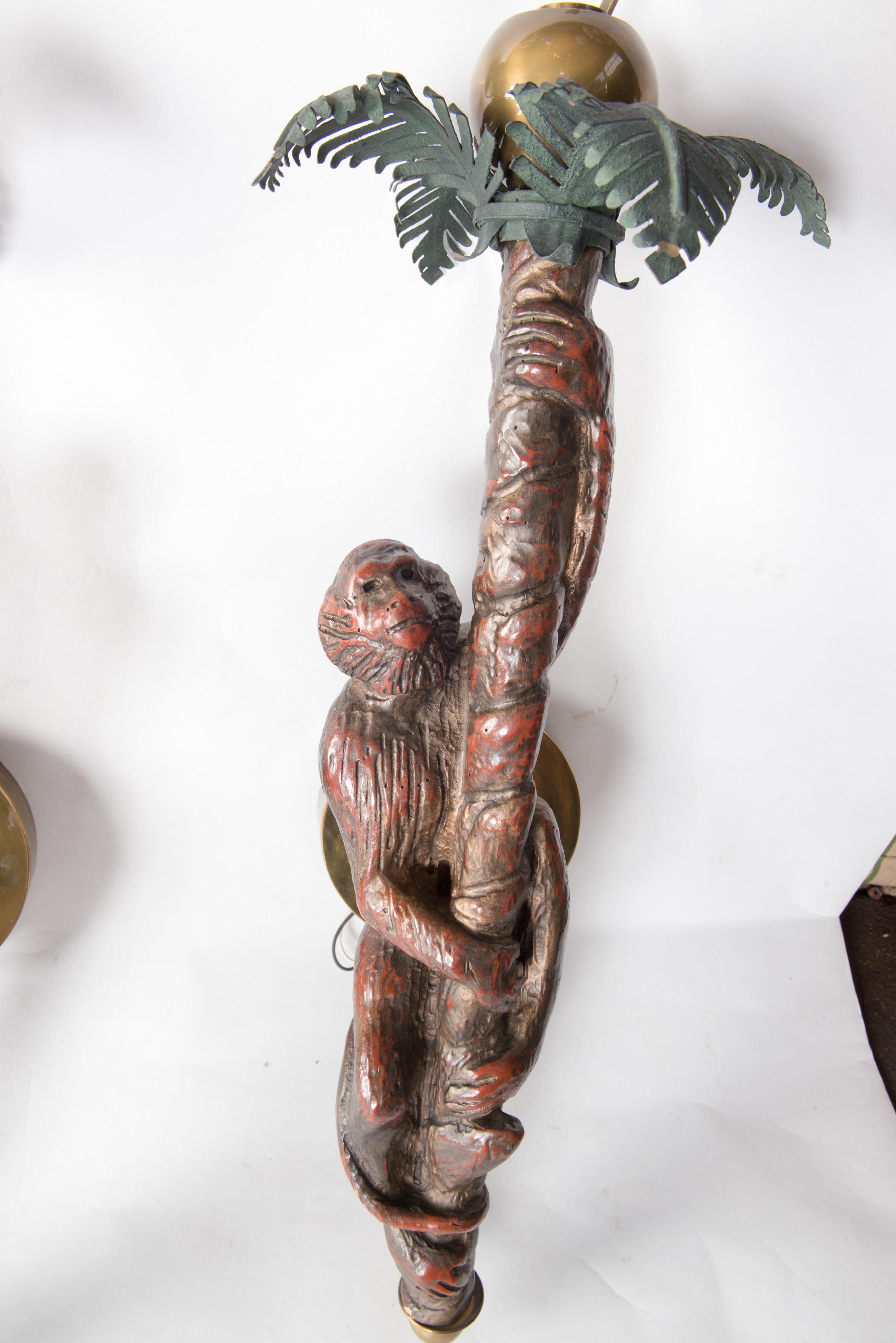 Late 20th Century Large Pair of Carved Wood Monkey Sconces For Sale