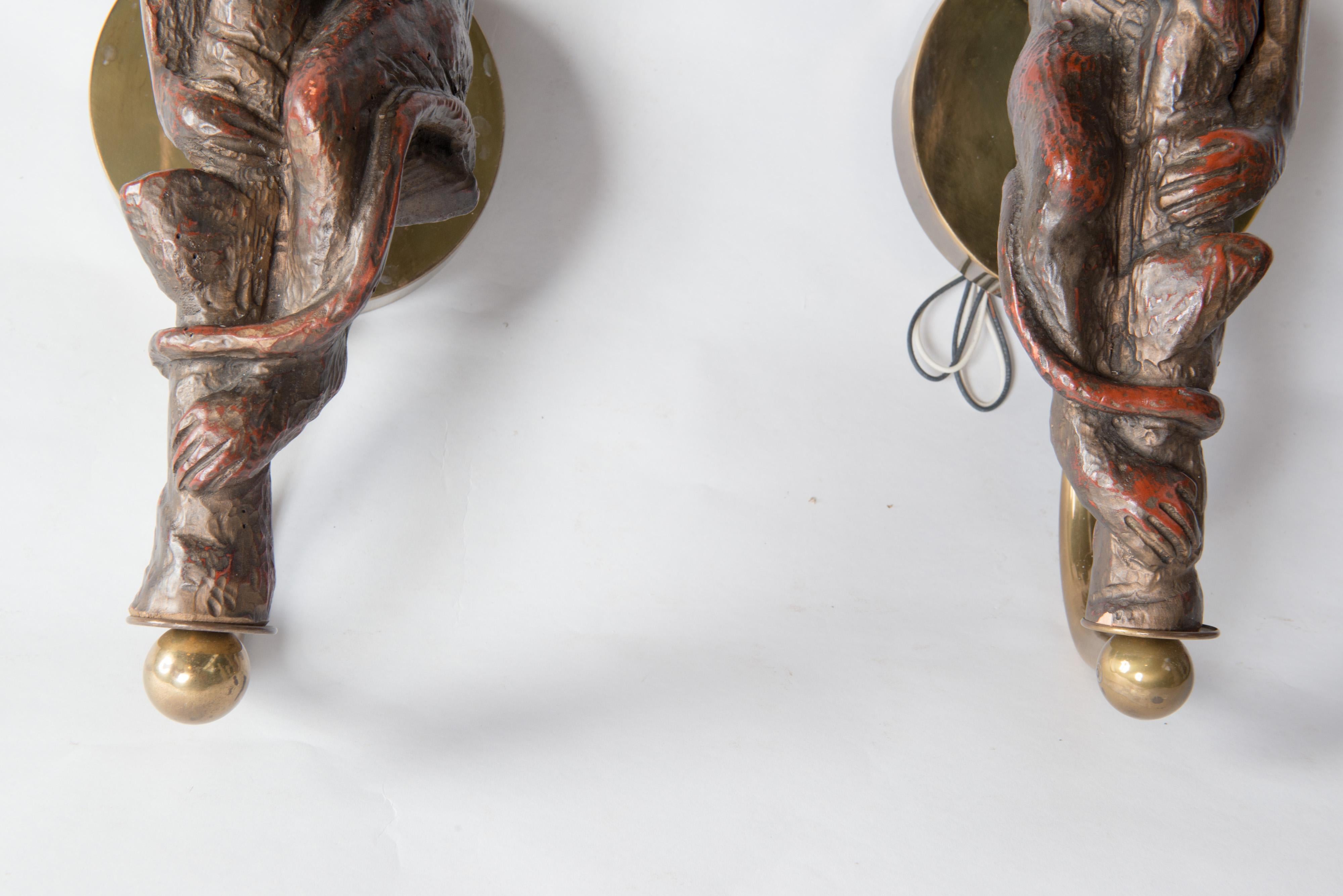 Metal Large Pair of Carved Wood Monkey Sconces For Sale