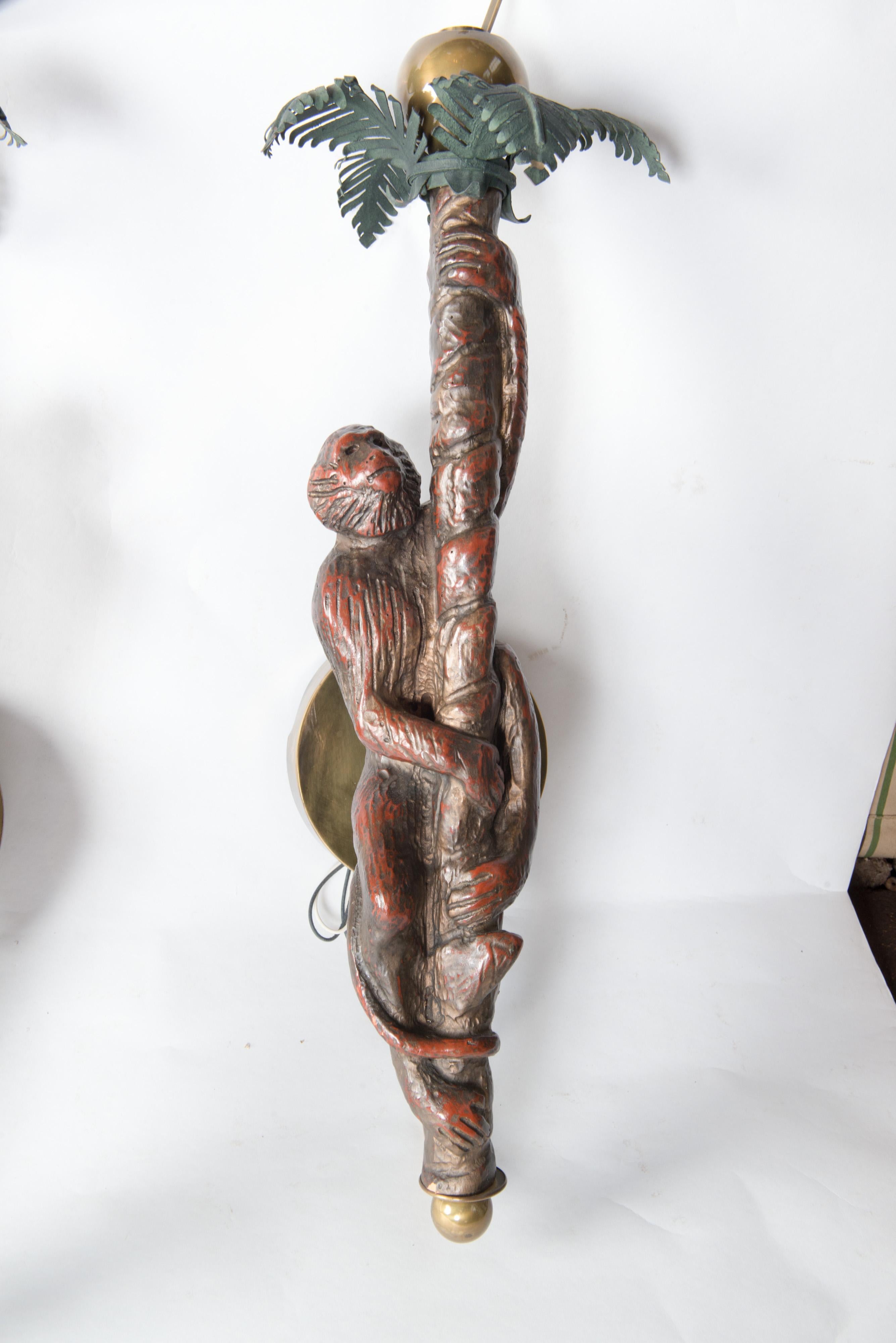 Large Pair of Carved Wood Monkey Sconces For Sale 2